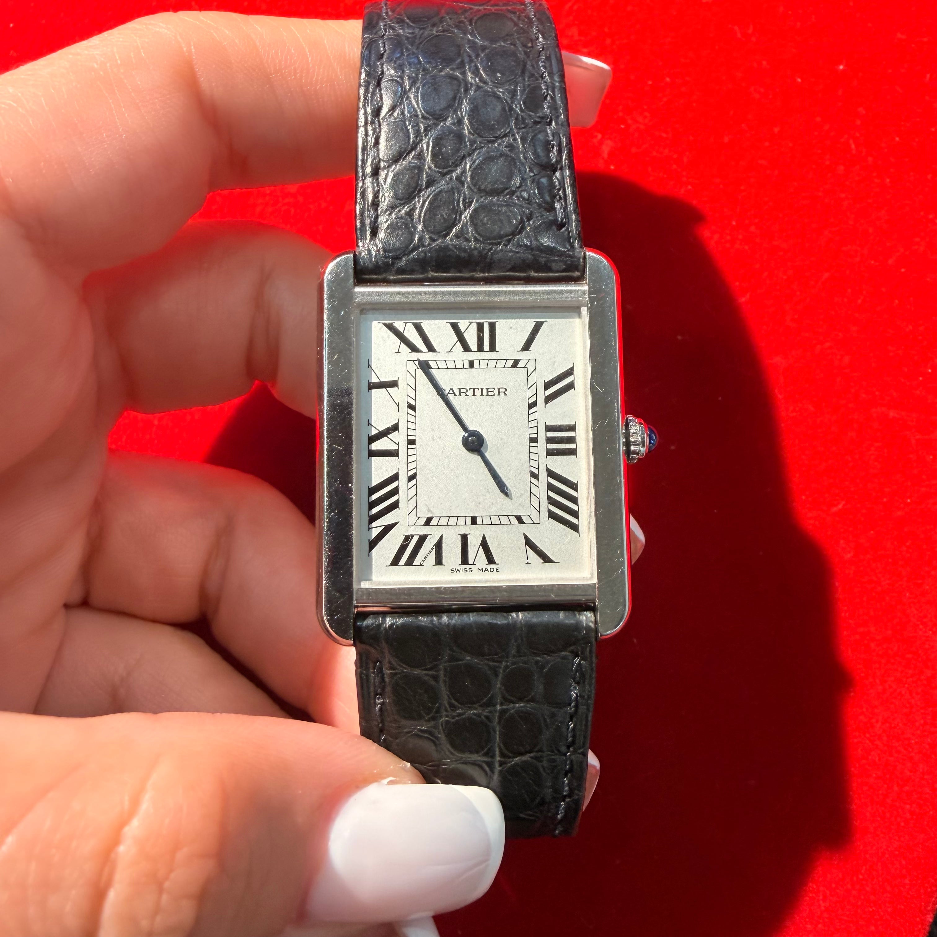 Cartier Tank Solo Large Stainless Steel Black Leather Band Ref.2823 size 7.25”