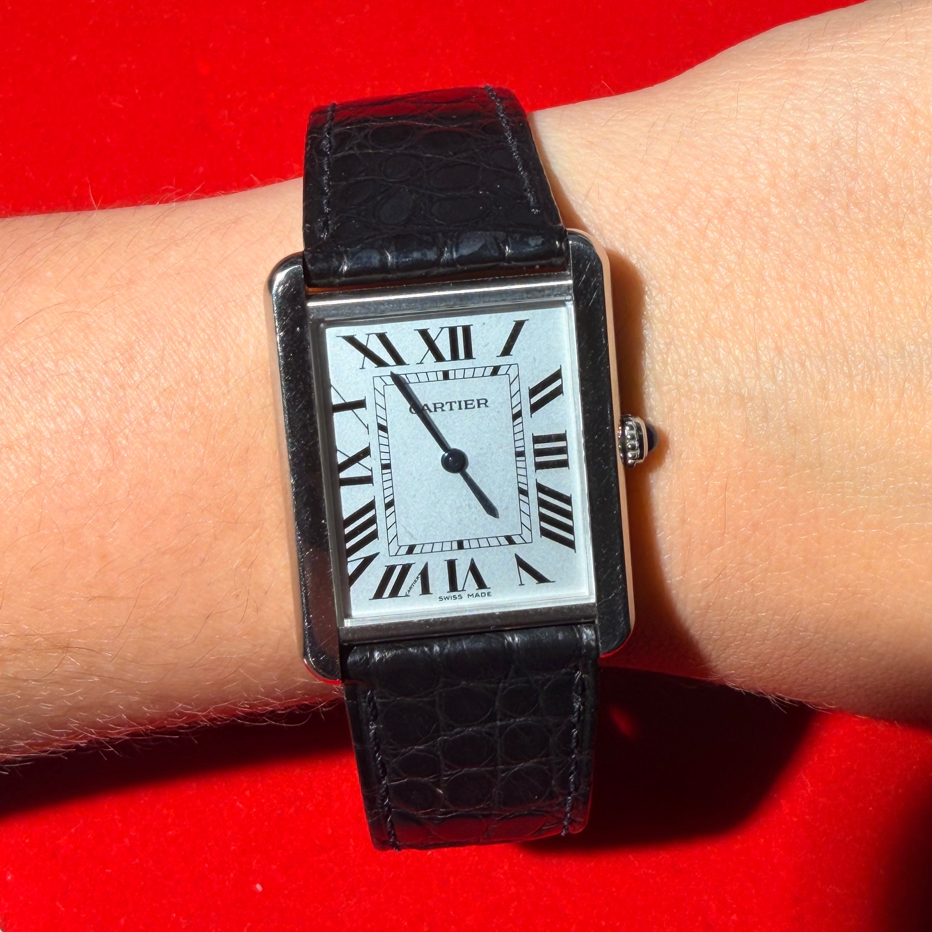 Cartier Tank Solo Large Stainless Steel Black Leather Band Ref.2823 size 7.25”