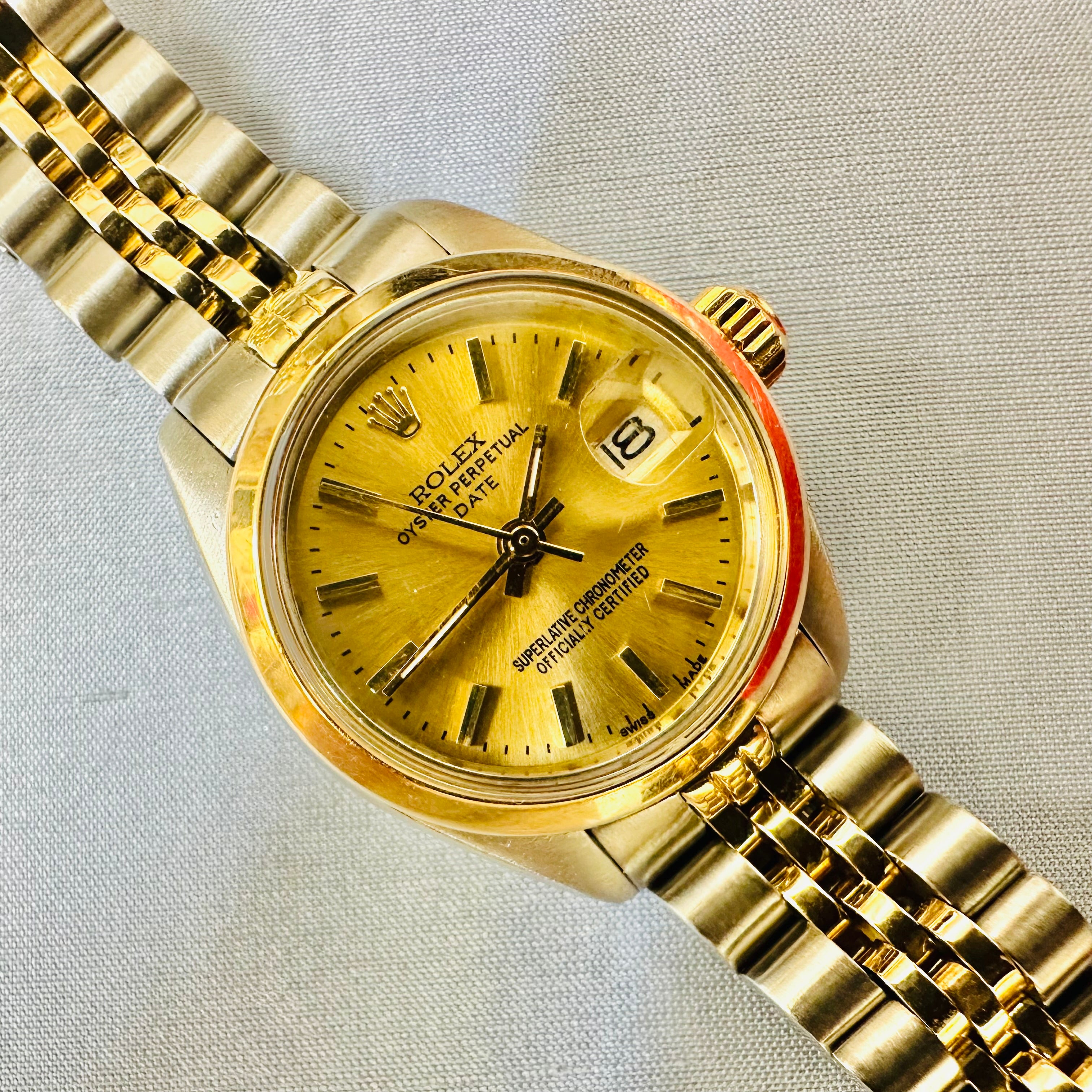 26mm Rolex Stainless Steel Oyster Perpetual With Two Tone Band With Yellow Dial