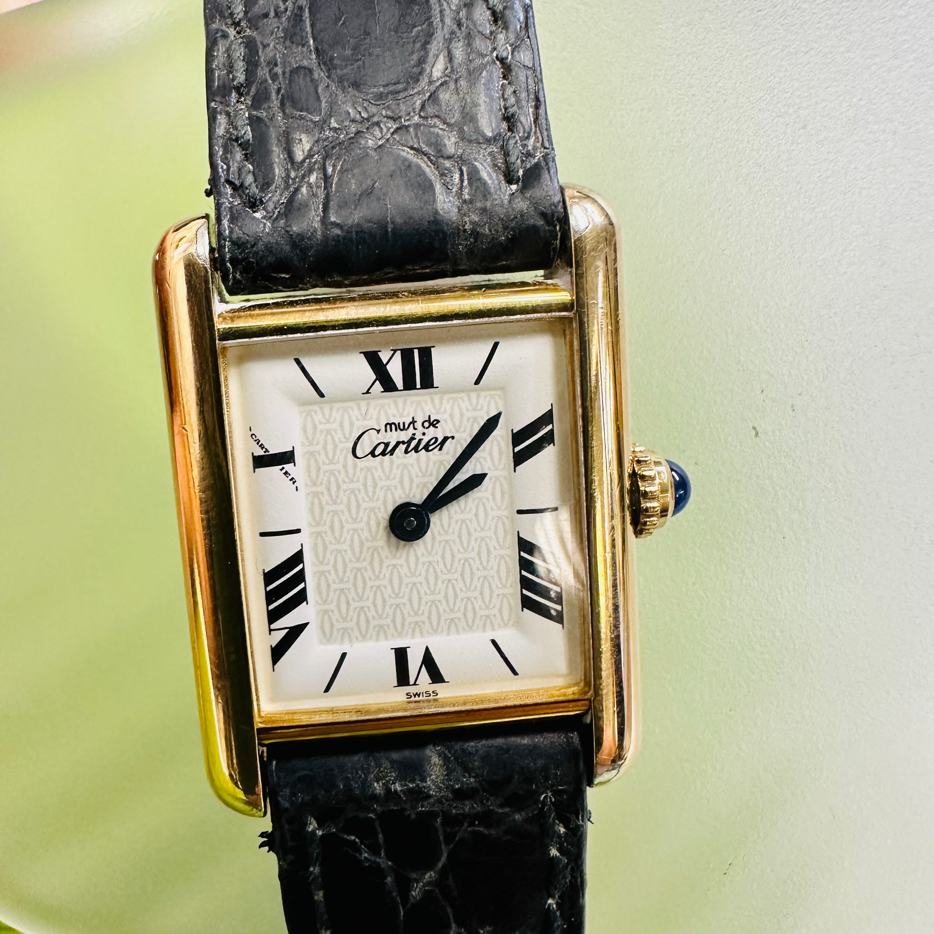 Must de Cartier Tank White Face and Black Strap Watch 23mm