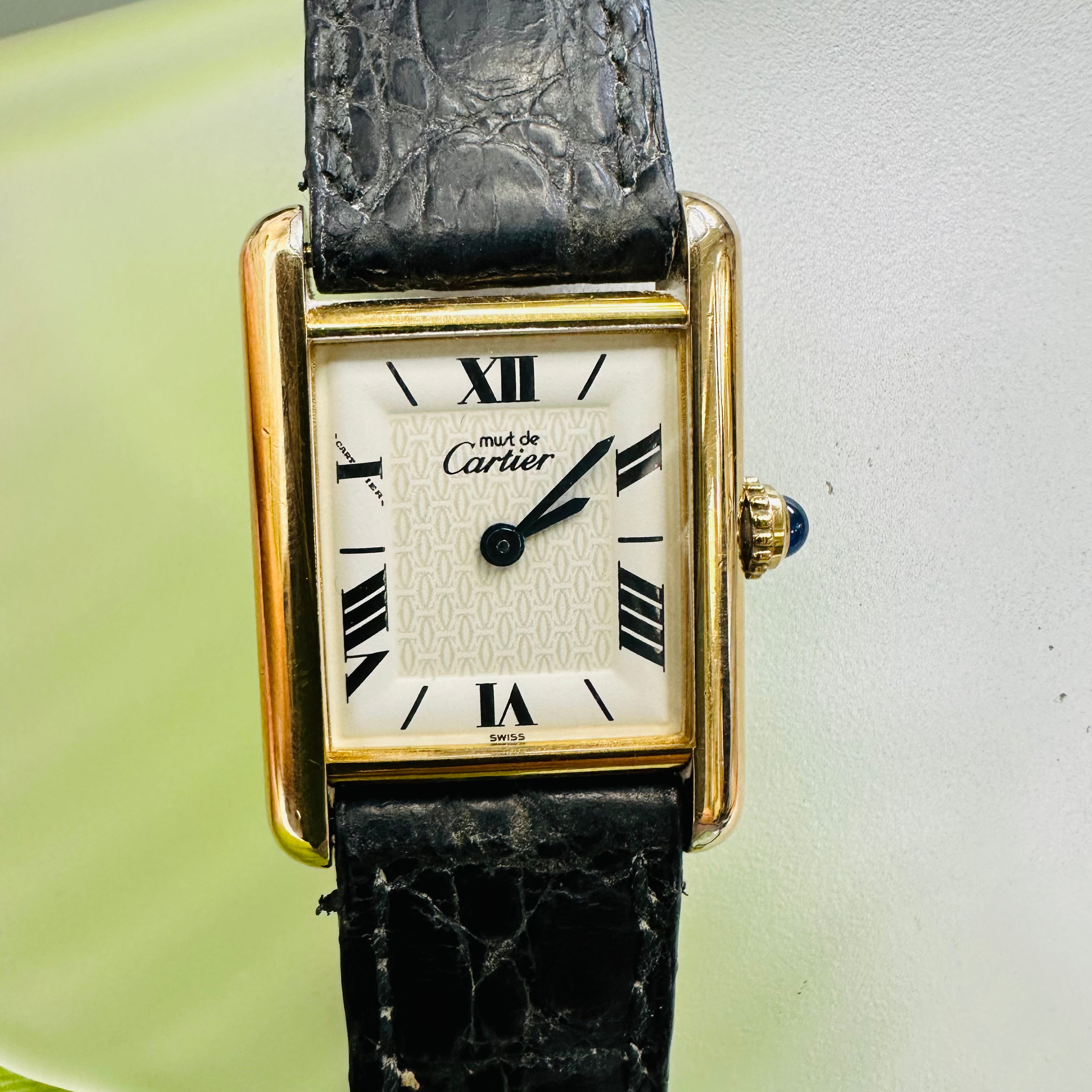 Must de Cartier Tank White Face and Black Strap Watch 23mm