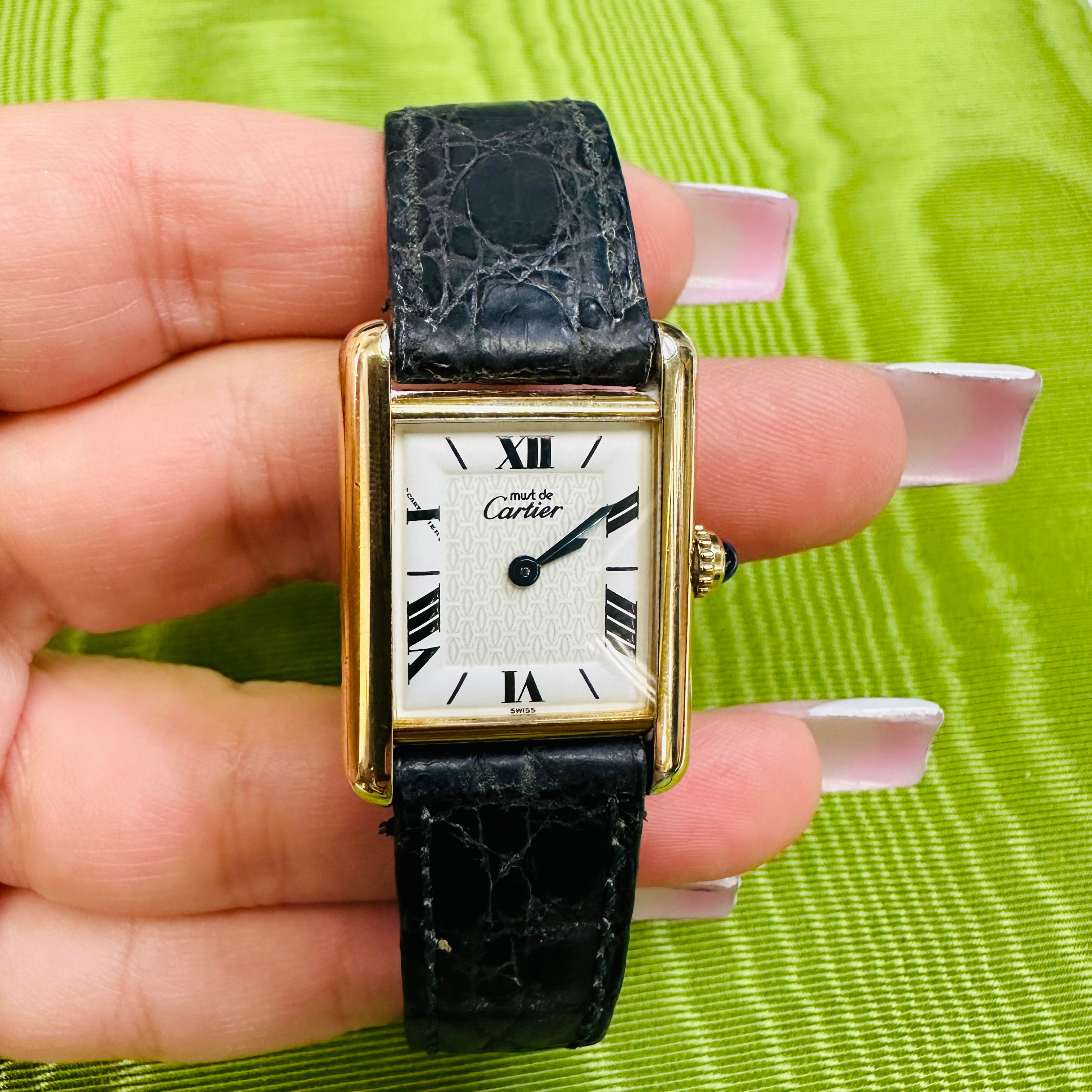 Must de Cartier Tank White Face and Black Strap Watch 23mm