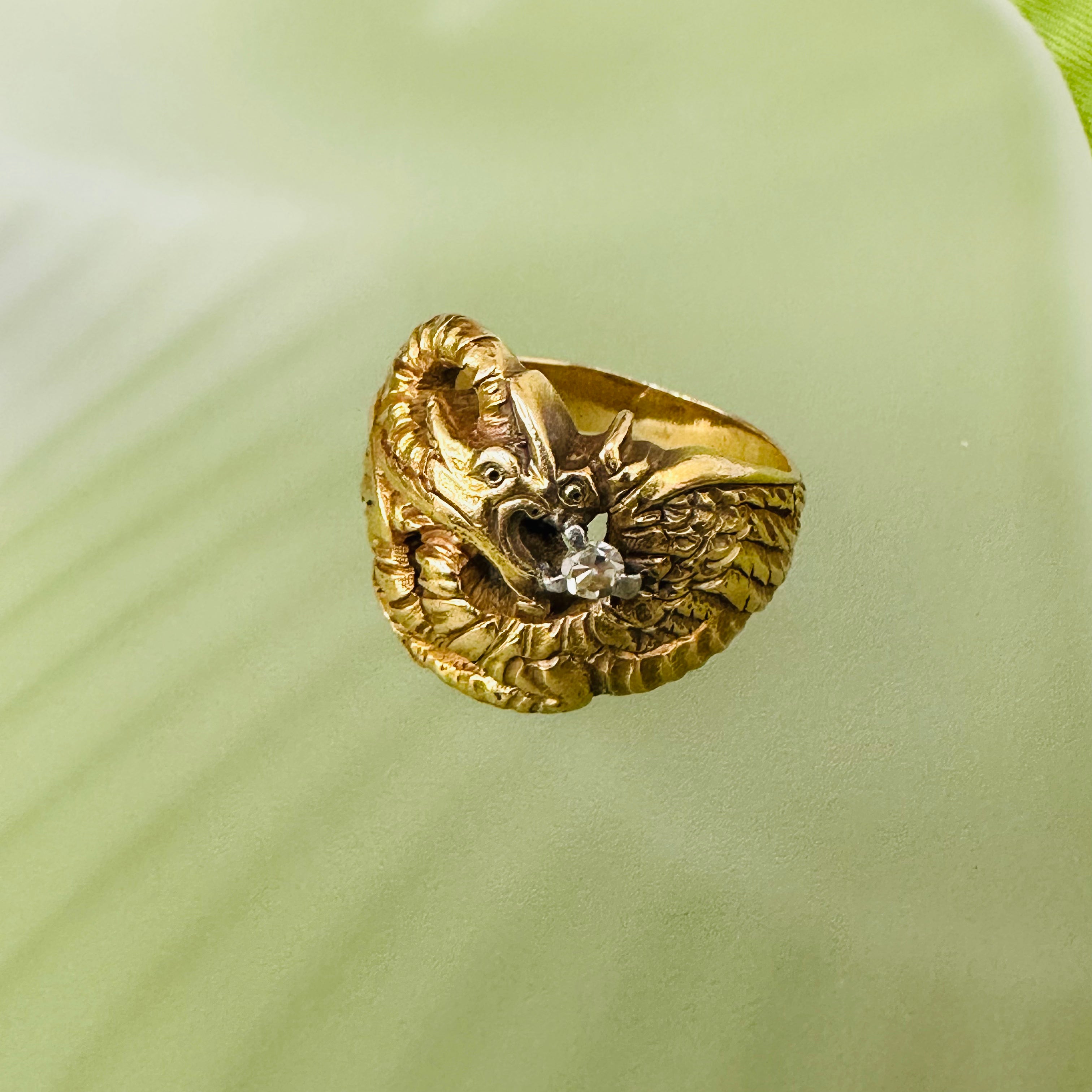 18K Dragon Ring With One Diamond