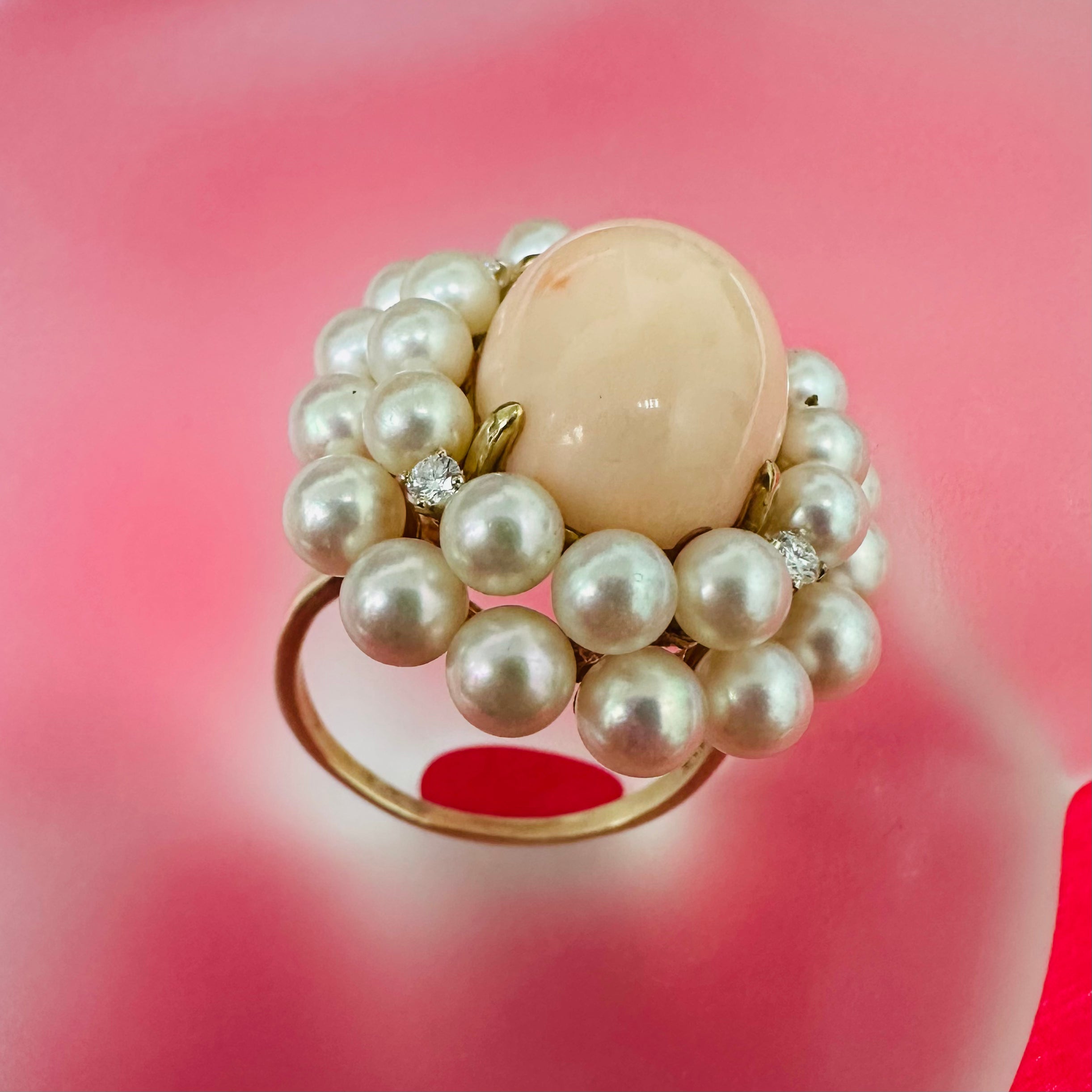 Magnificent Angelskin Coral Pearl and Diamond Halo Cocktail Ring