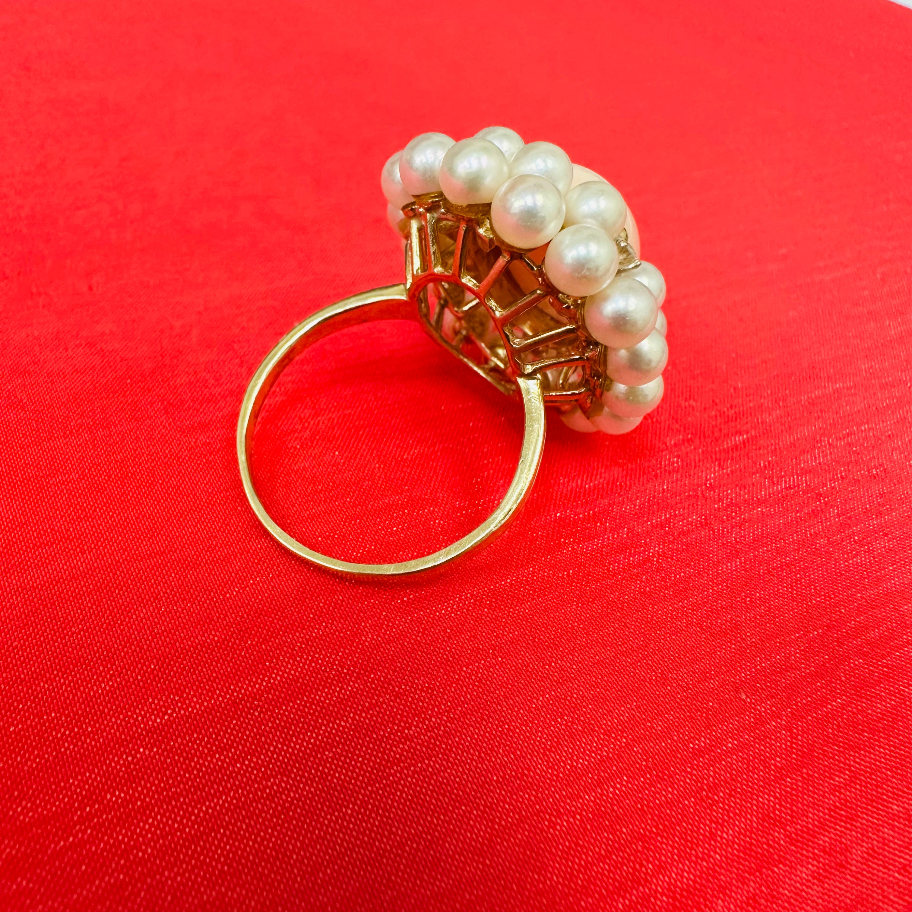 Magnificent Angelskin Coral Pearl and Diamond Halo Cocktail Ring