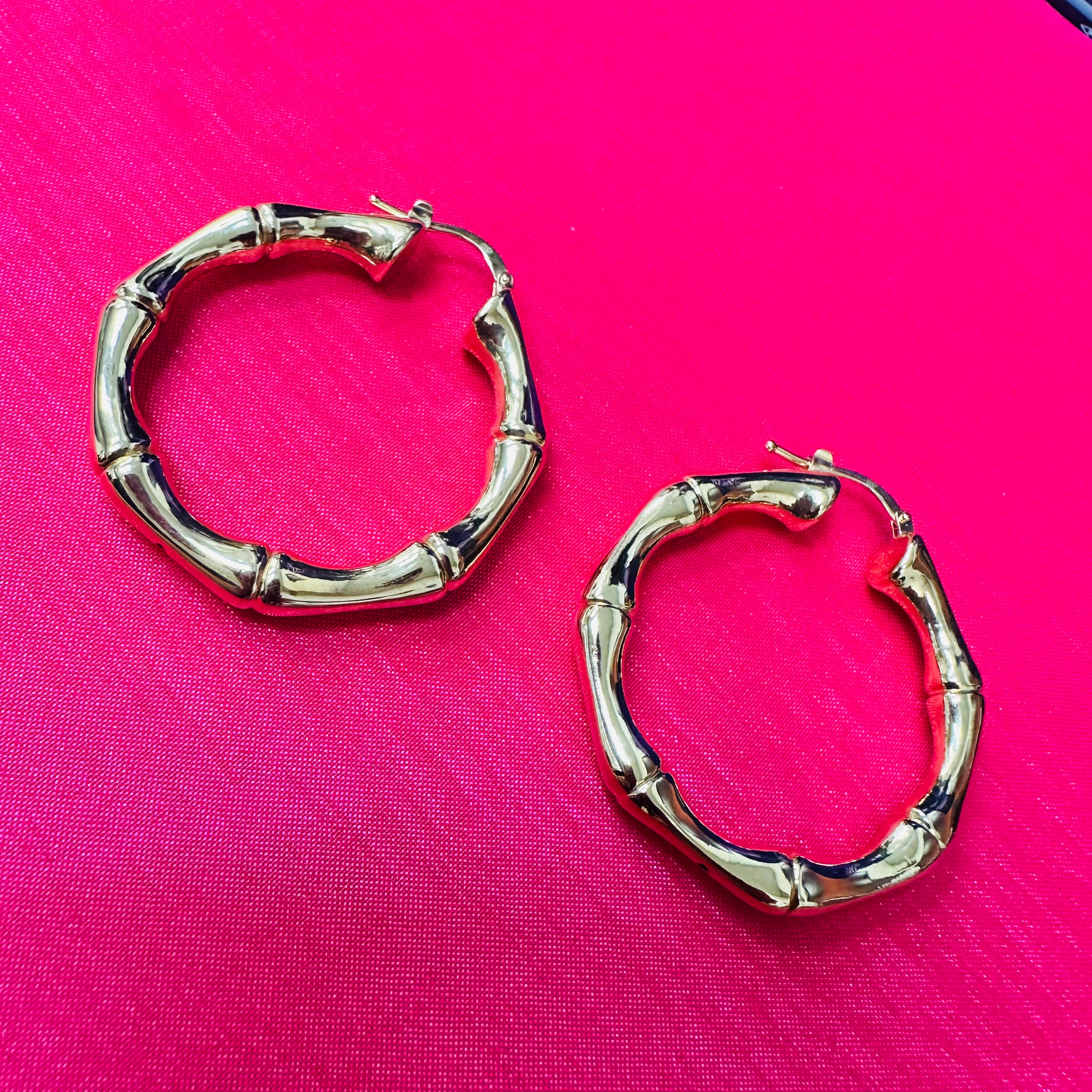 14K Yellow Gold Bamboo Hoops