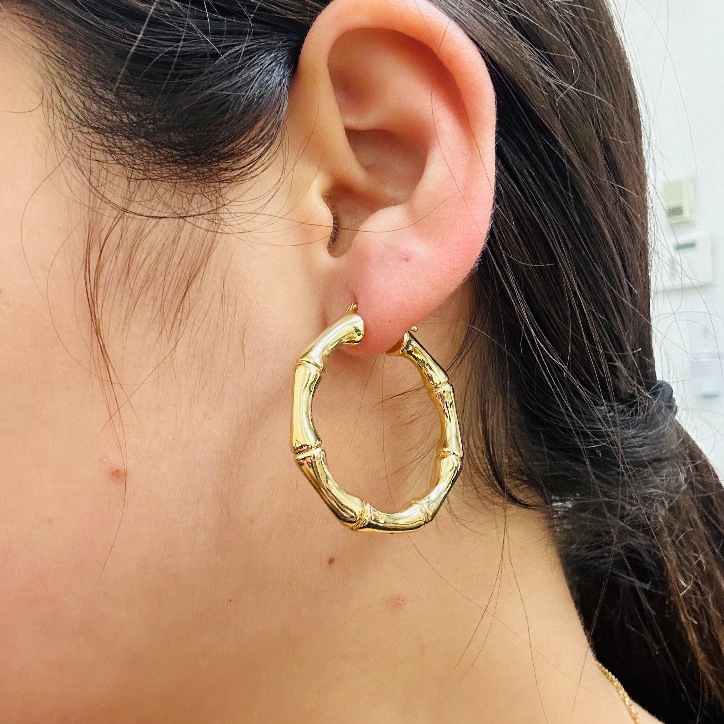 14K Yellow Gold Bamboo Hoops