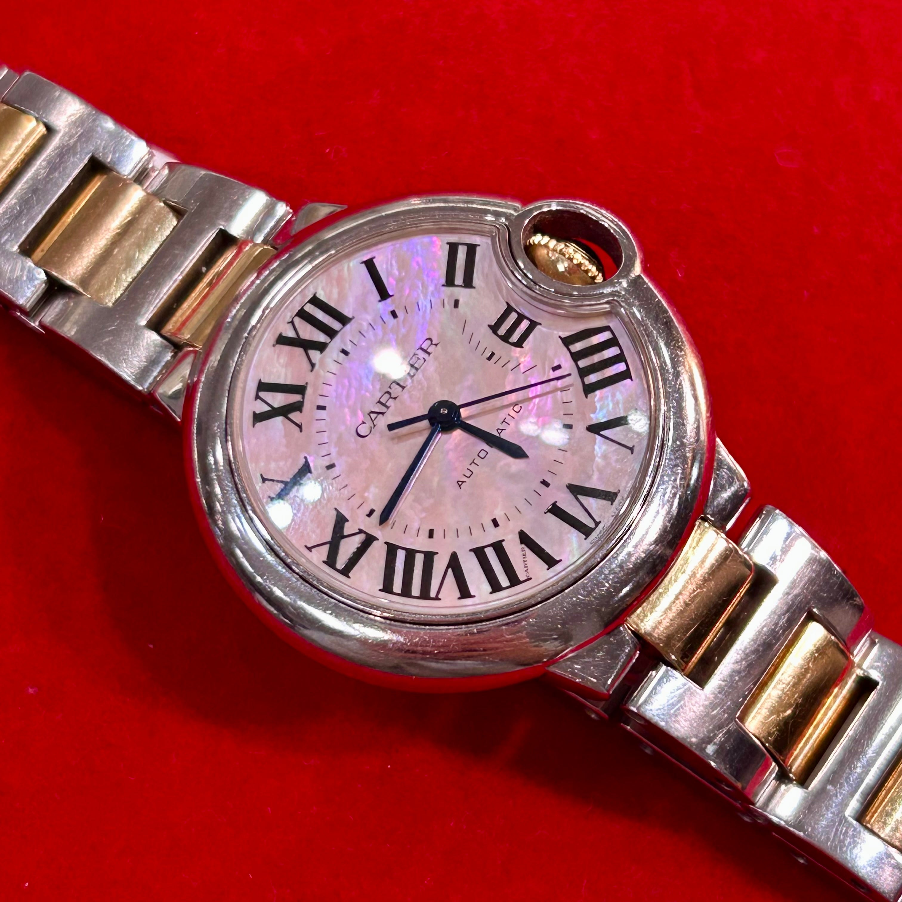 Cartier 33mm Rose Gold And Stainless Steel Mother of Pearl Ballon Bleu Watch