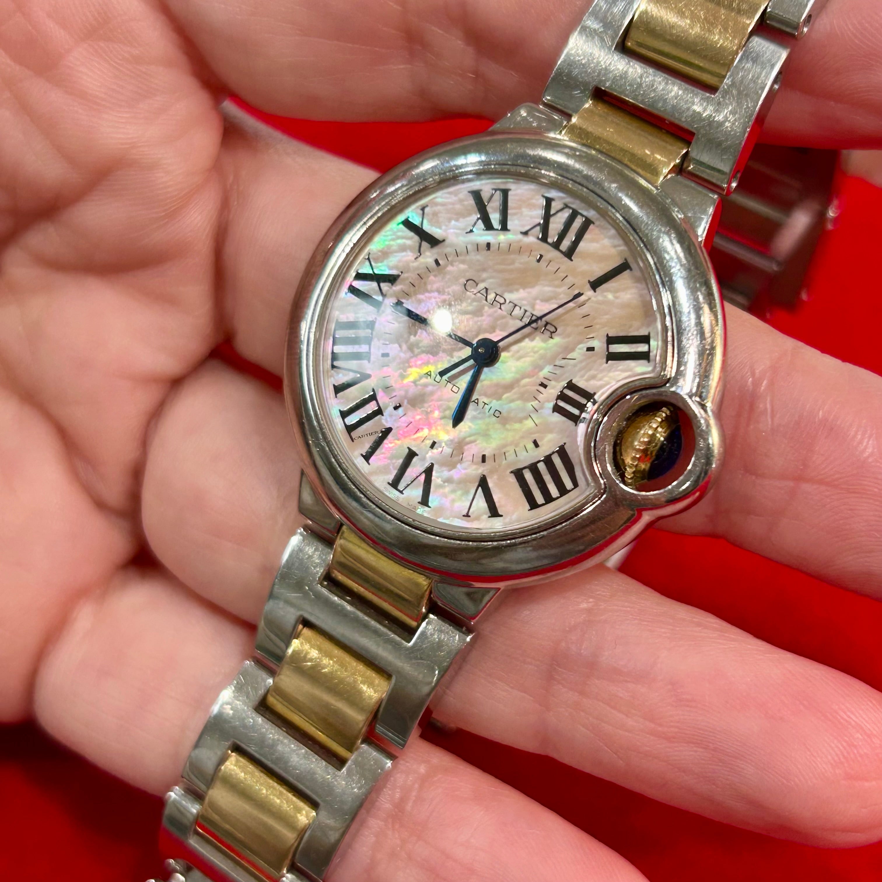 Cartier 33mm Rose Gold And Stainless Steel Mother of Pearl Ballon Bleu Watch