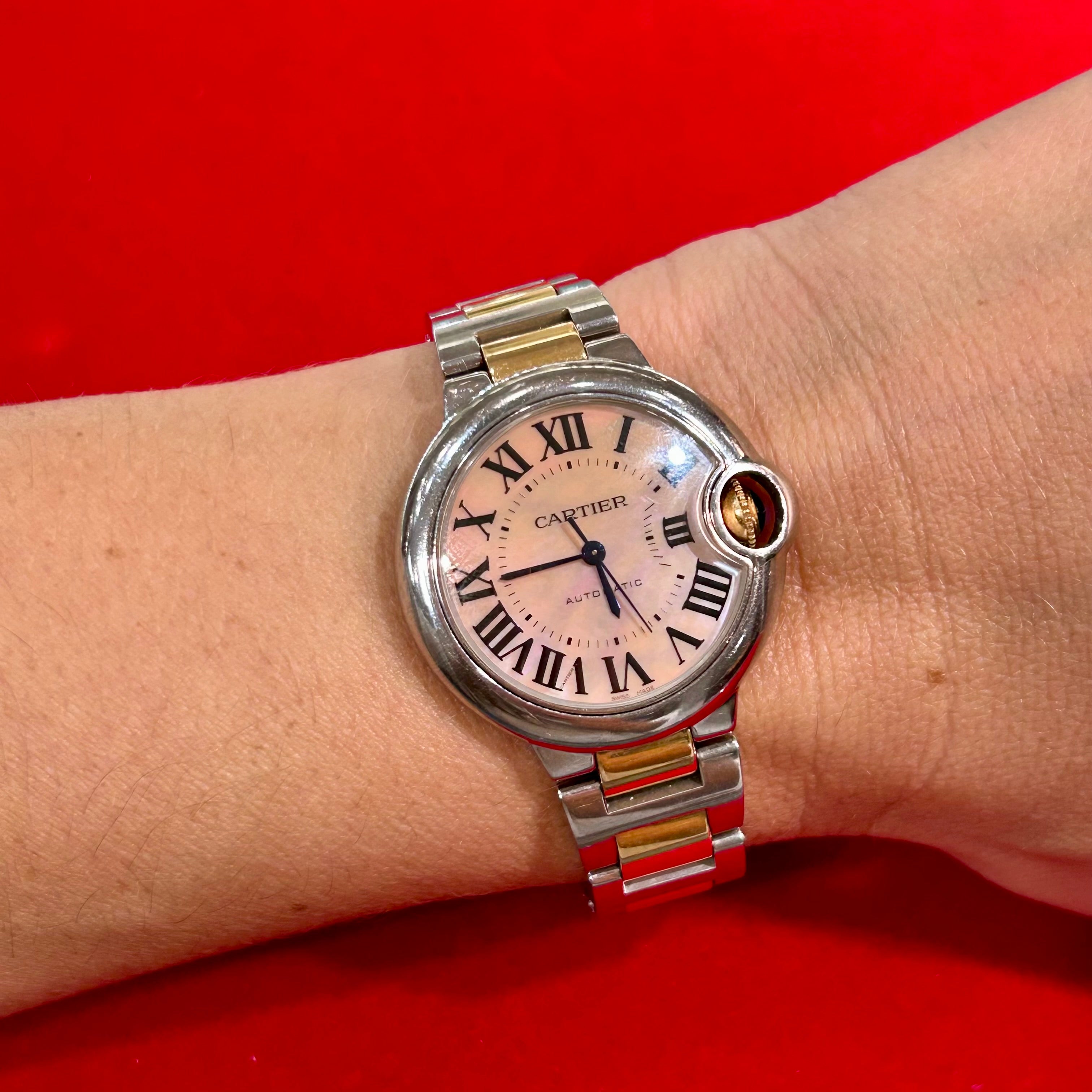 Cartier 33mm Rose Gold And Stainless Steel Mother of Pearl Ballon Bleu Watch