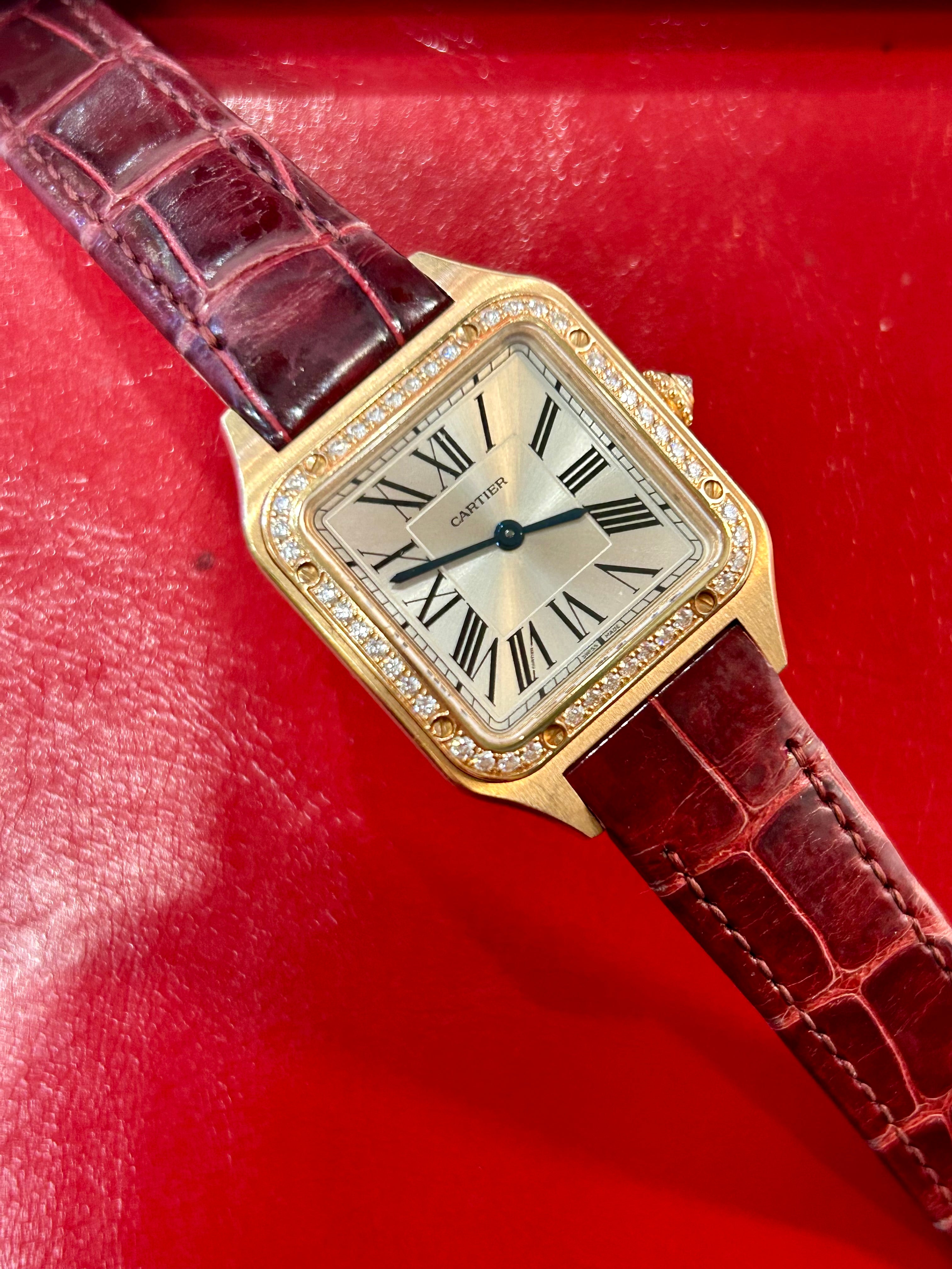 Cartier Santos-Dumont Ref. 4243 | 27.5mm | 18k Rose Gold Quartz Diamond Watch White Roman Dial Burgundy Alligator Strap