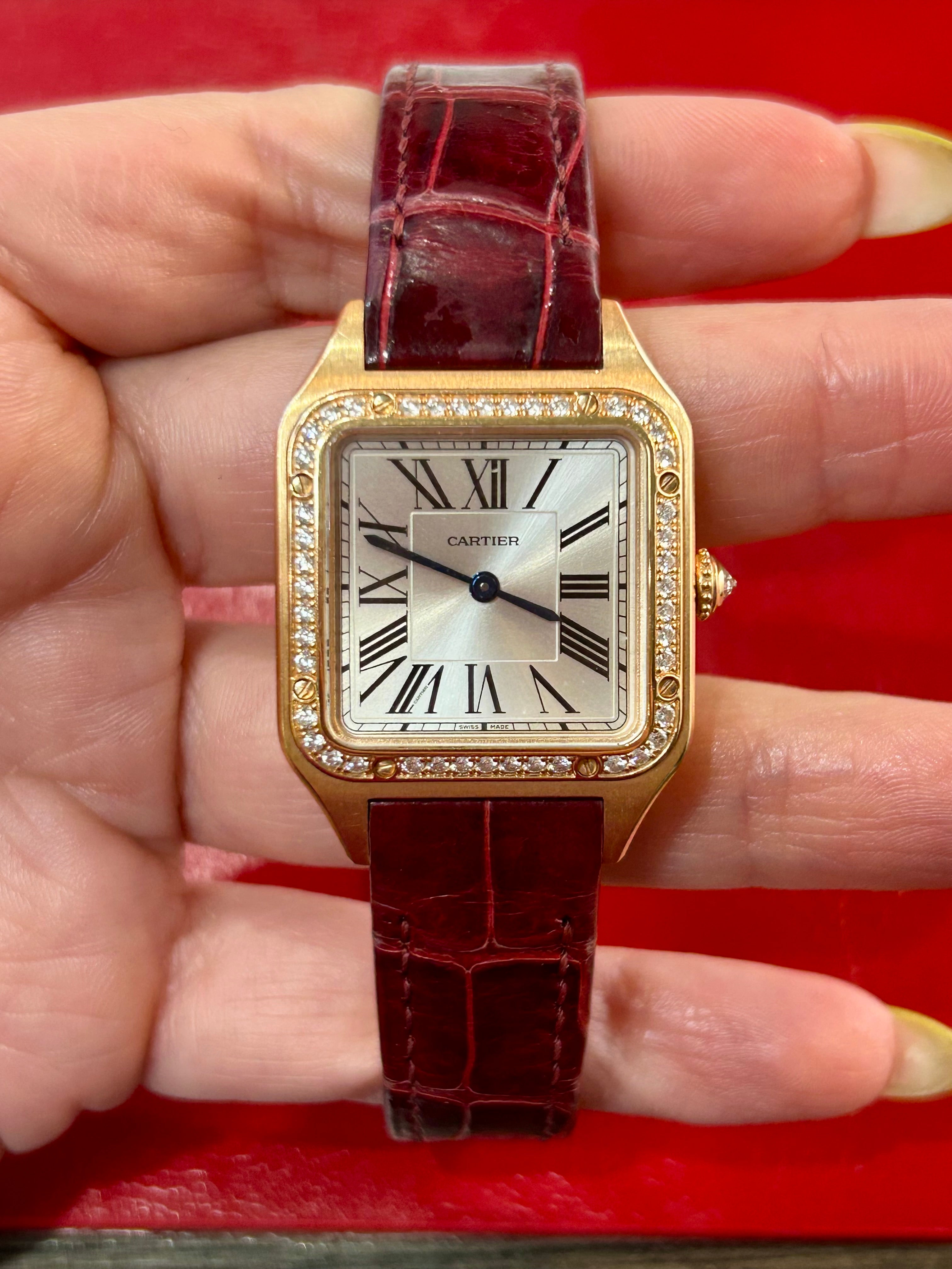 Cartier Santos-Dumont Ref. 4243 | 27.5mm | 18k Rose Gold Quartz Diamond Watch White Roman Dial Burgundy Alligator Strap