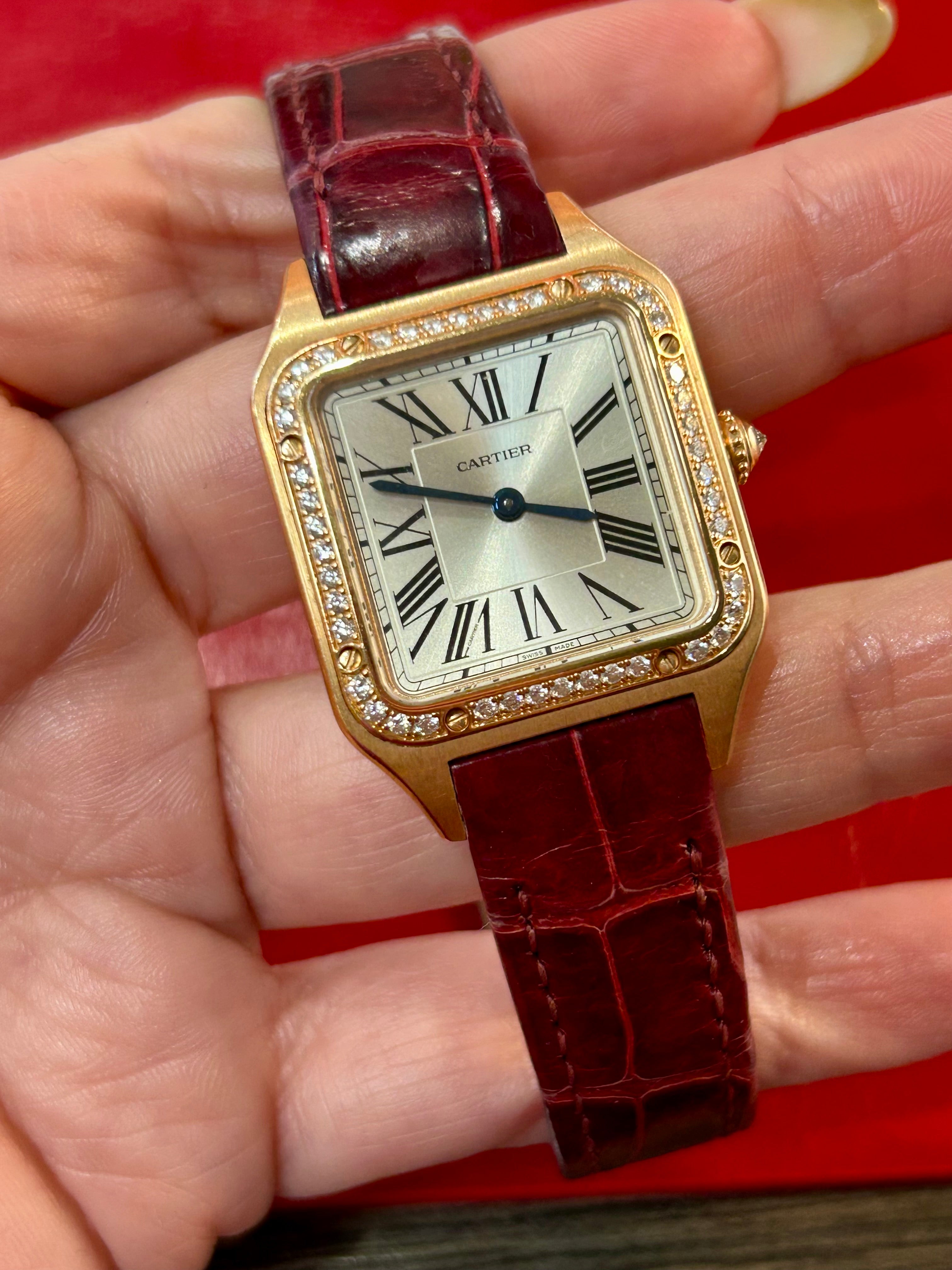 Cartier Santos-Dumont Ref. 4243 | 27.5mm | 18k Rose Gold Quartz Diamond Watch White Roman Dial Burgundy Alligator Strap