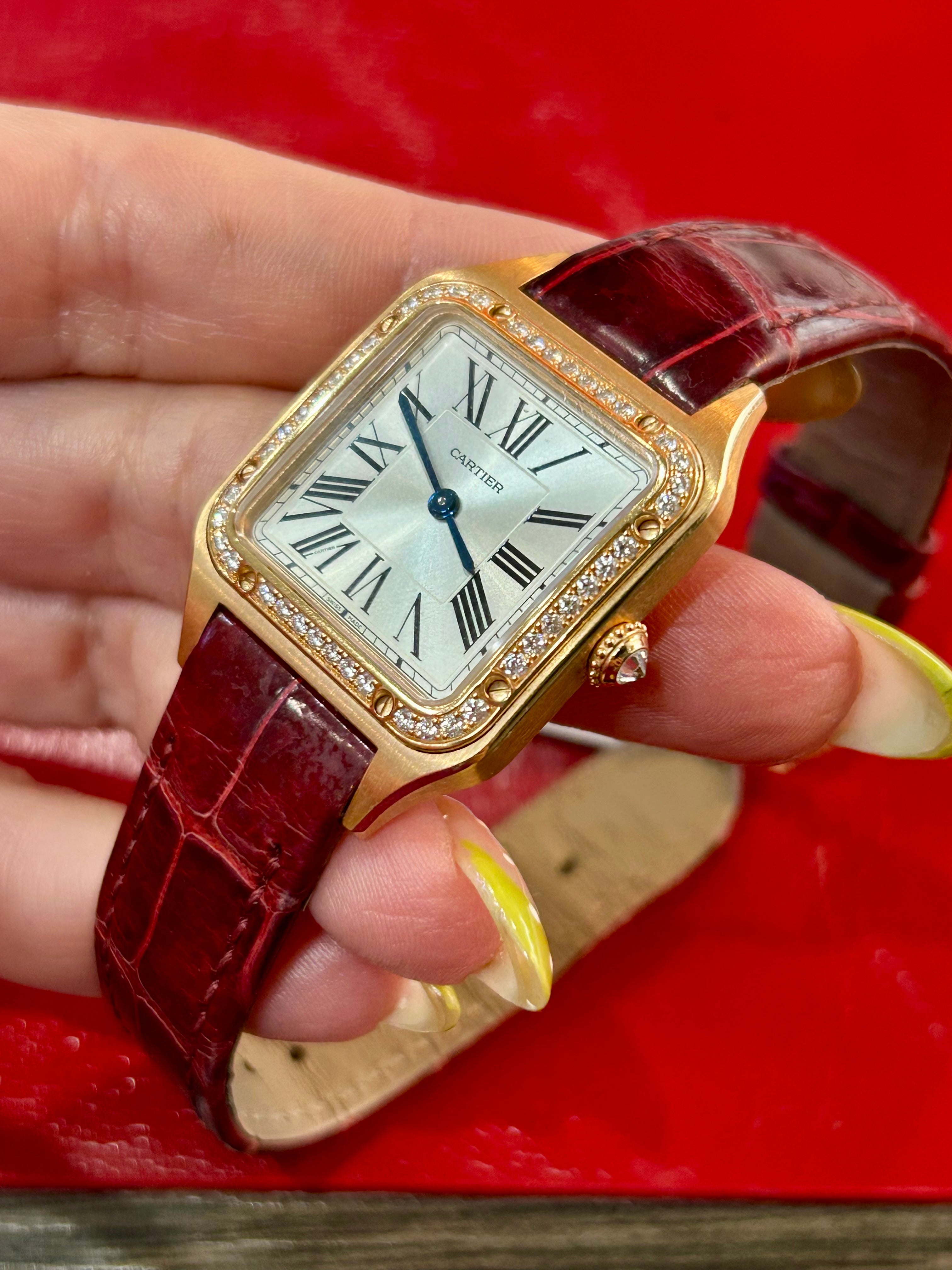 Cartier Santos-Dumont Ref. 4243 | 27.5mm | 18k Rose Gold Quartz Diamond Watch White Roman Dial Burgundy Alligator Strap