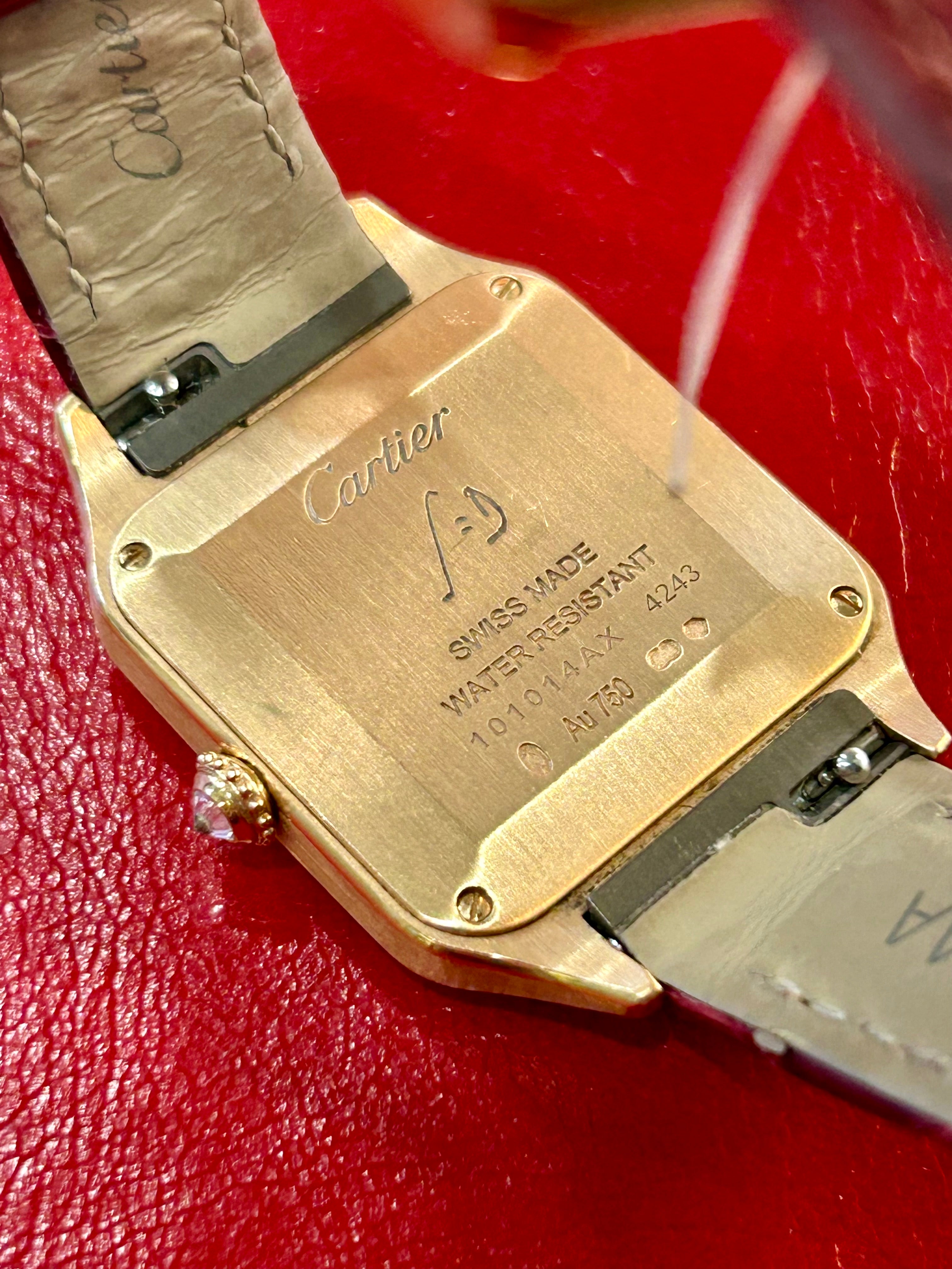Cartier Santos-Dumont Ref. 4243 | 27.5mm | 18k Rose Gold Quartz Diamond Watch White Roman Dial Burgundy Alligator Strap