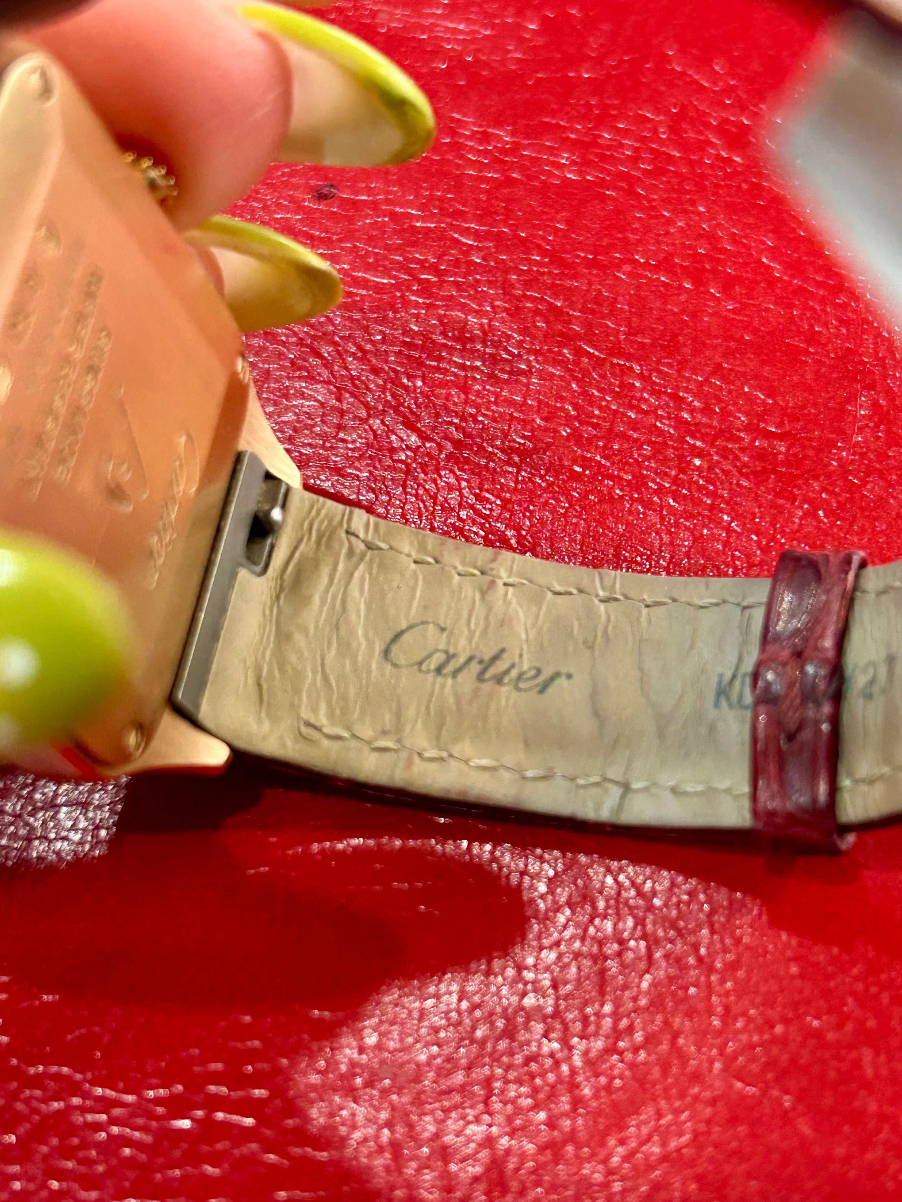 Cartier Santos-Dumont Ref. 4243 | 27.5mm | 18k Rose Gold Quartz Diamond Watch White Roman Dial Burgundy Alligator Strap
