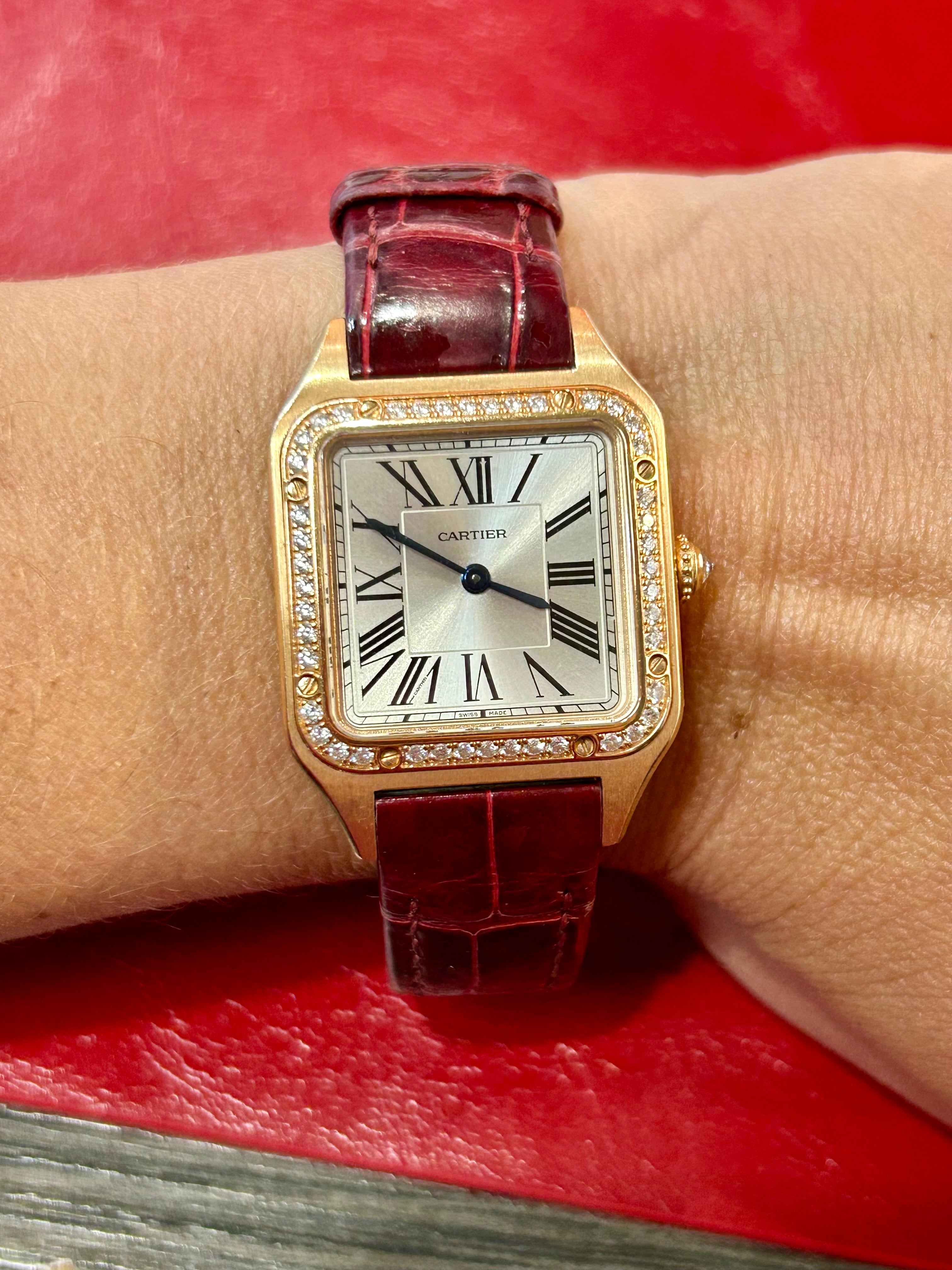 Cartier Santos-Dumont Ref. 4243 | 27.5mm | 18k Rose Gold Quartz Diamond Watch White Roman Dial Burgundy Alligator Strap