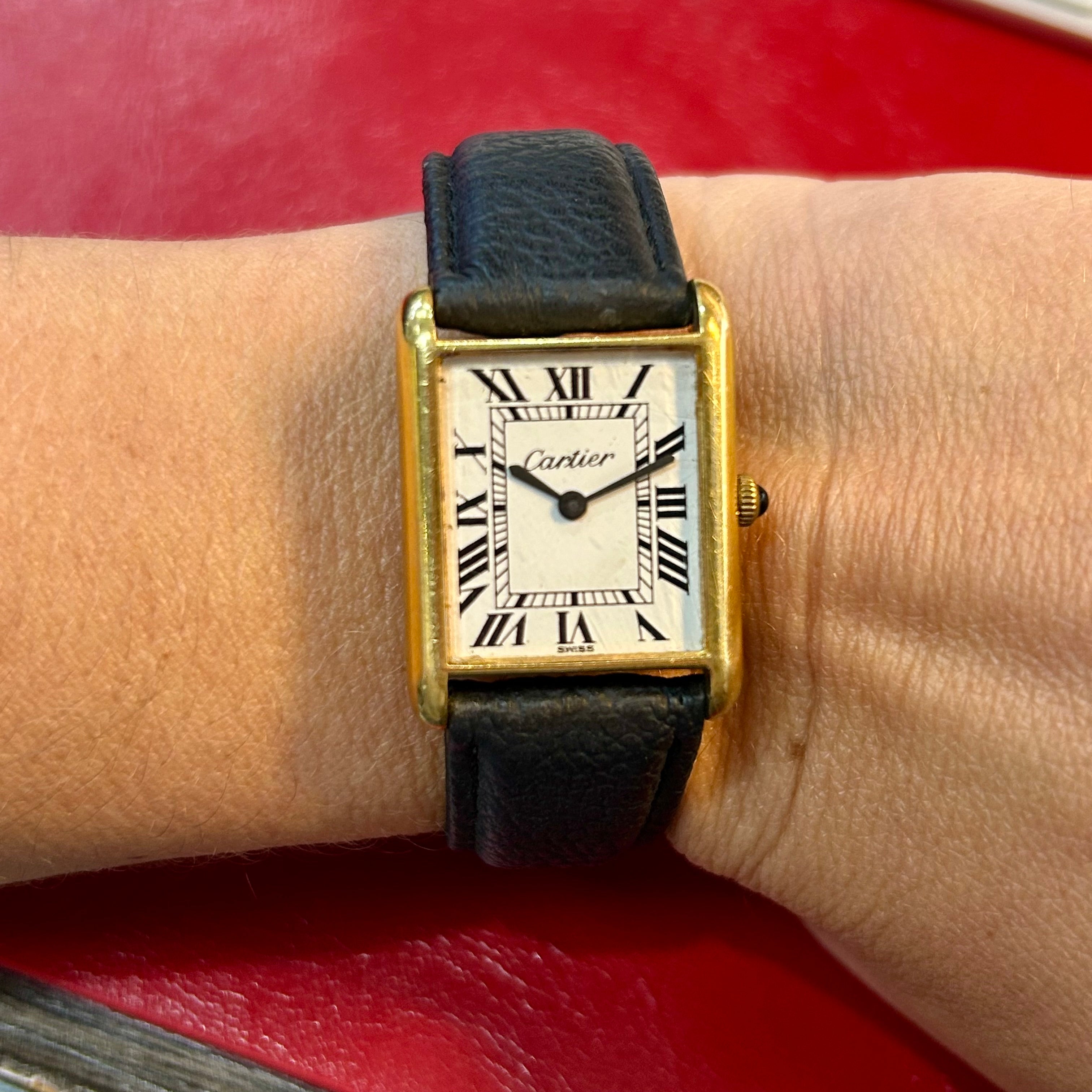 Vintage Cartier Must de Tank | 23mm | Black Leather Strap Watch