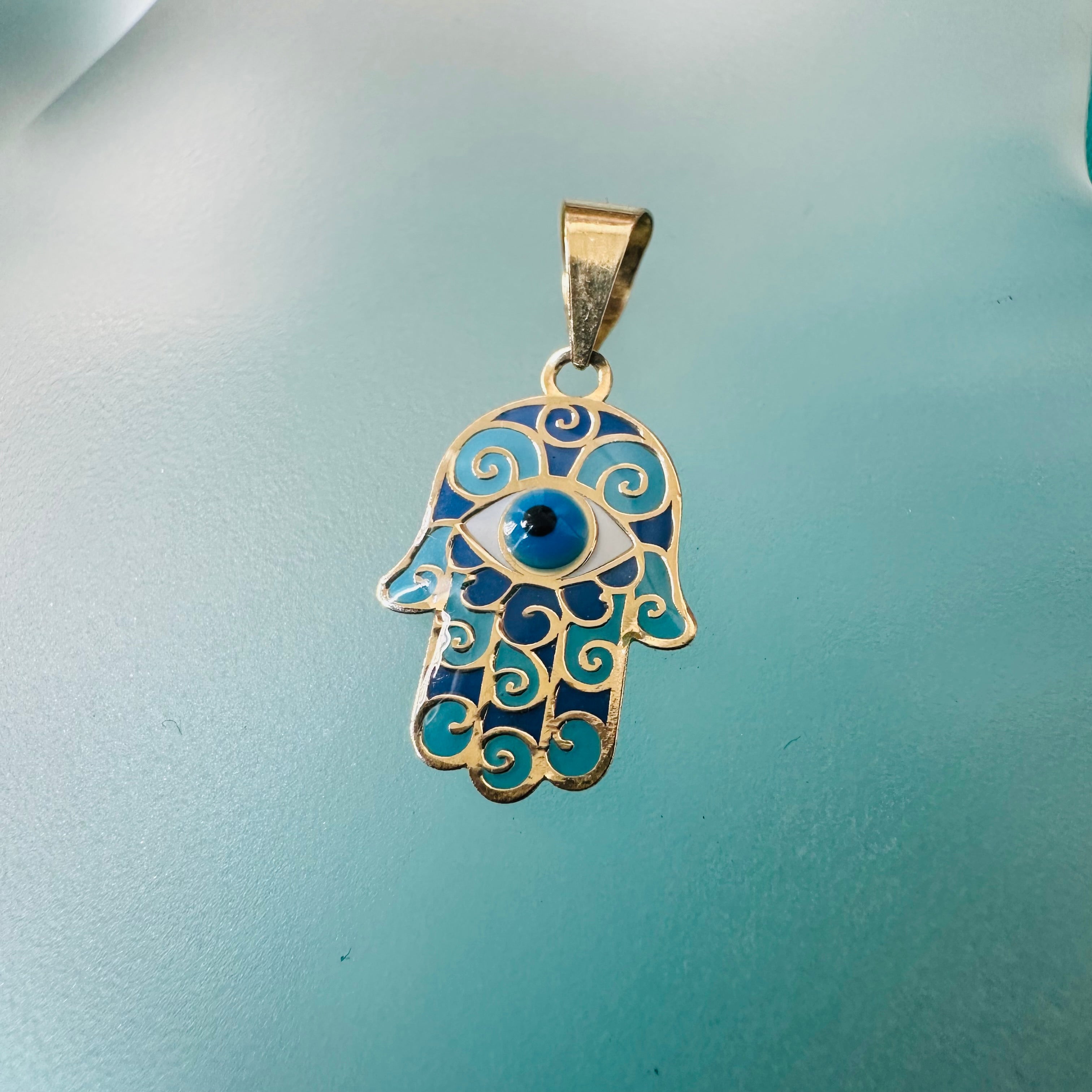 14K Yellow Gold Hamsa With Evil eye With Blue Enamel