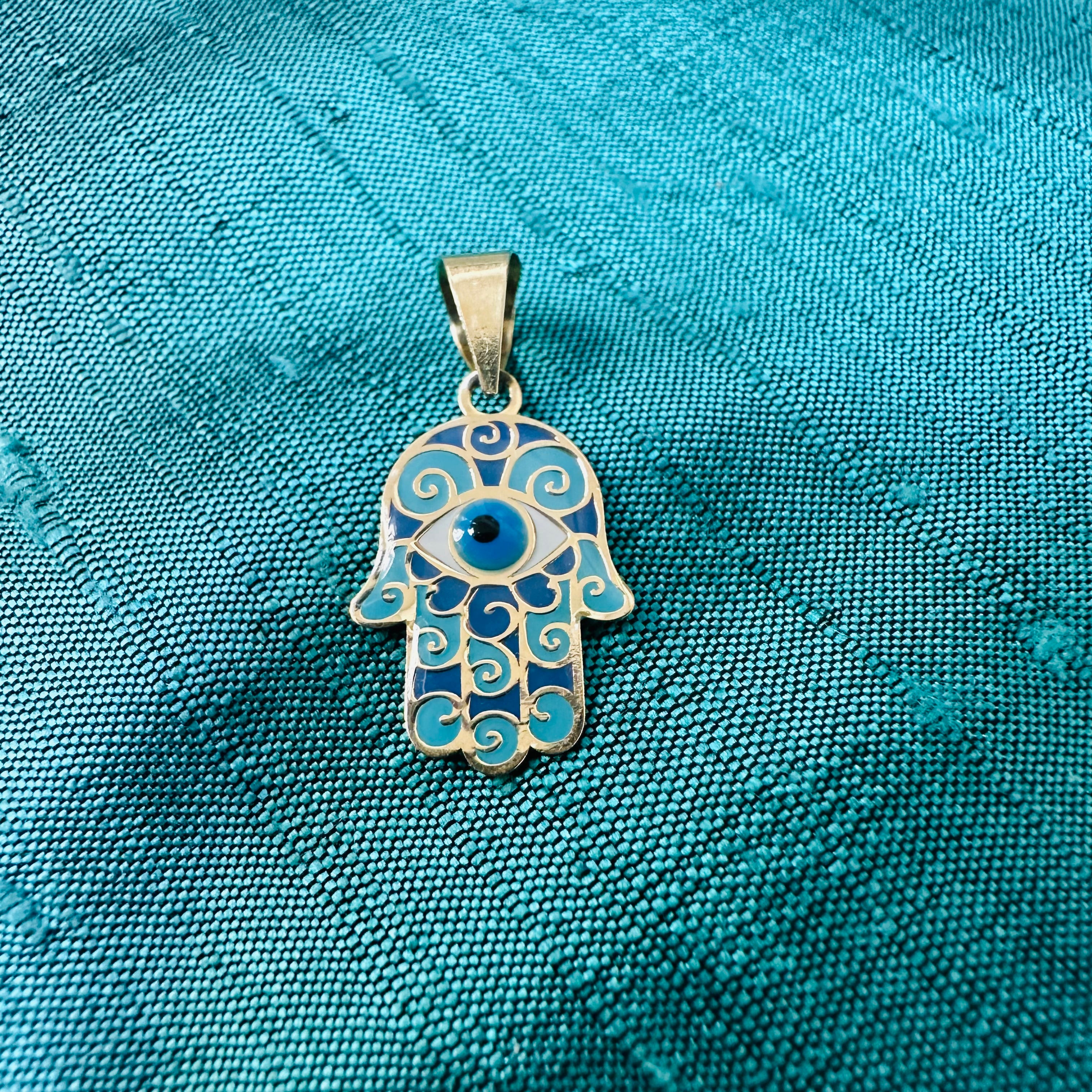 14K Yellow Gold Hamsa With Evil eye With Blue Enamel