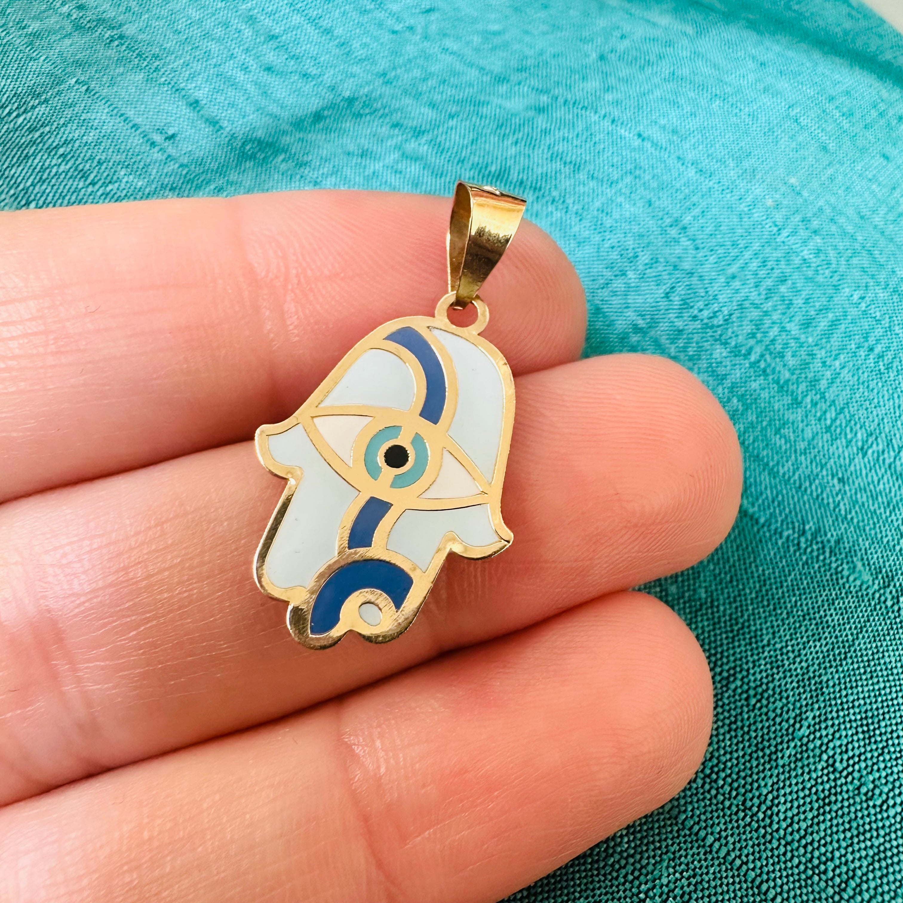 14K Yellow Gold Hamsa With Evil eye With Blue Enamel