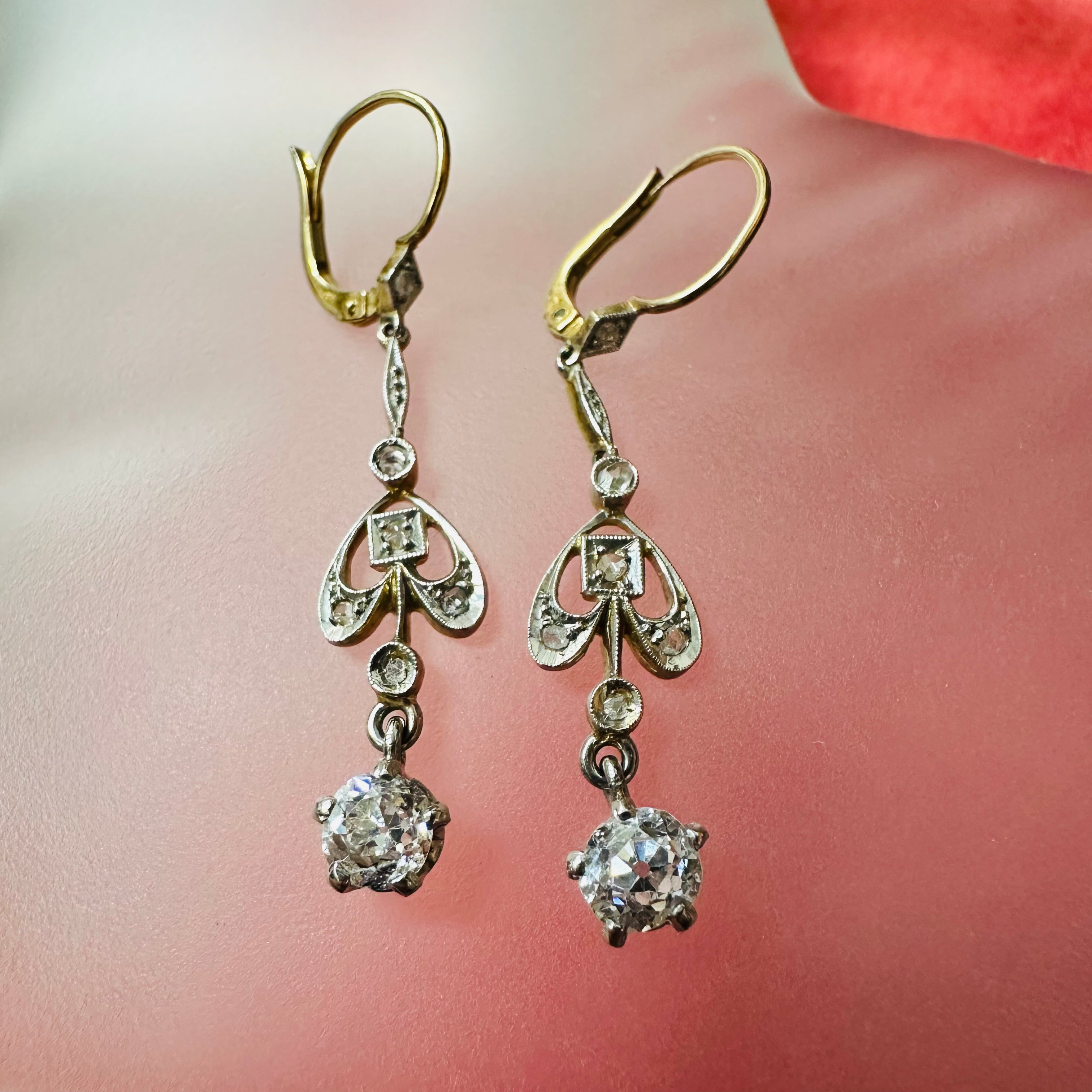 18K Yellow Gold & Platinum Vintage Diamond Drop Earrings
