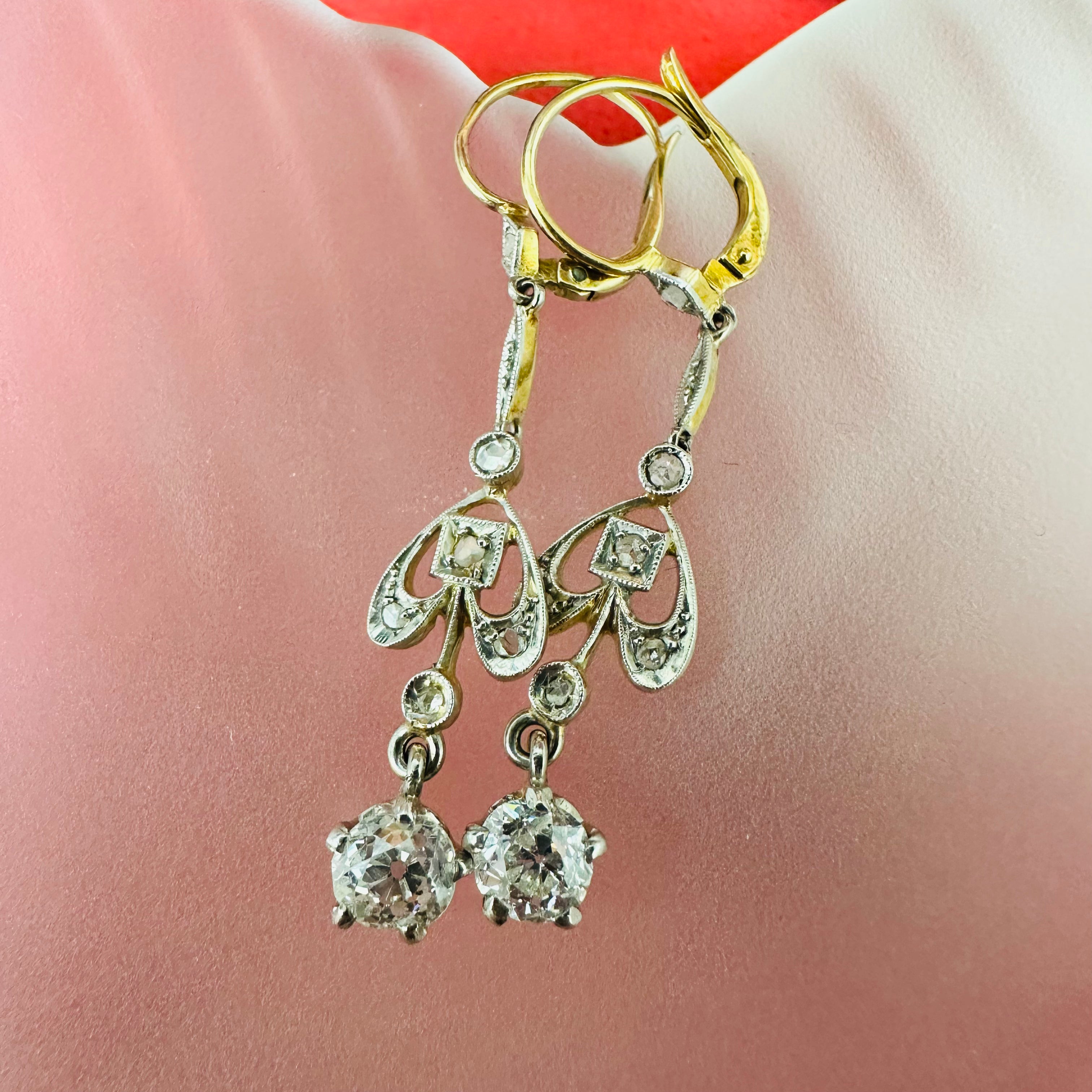 18K Yellow Gold & Platinum Vintage Diamond Drop Earrings
