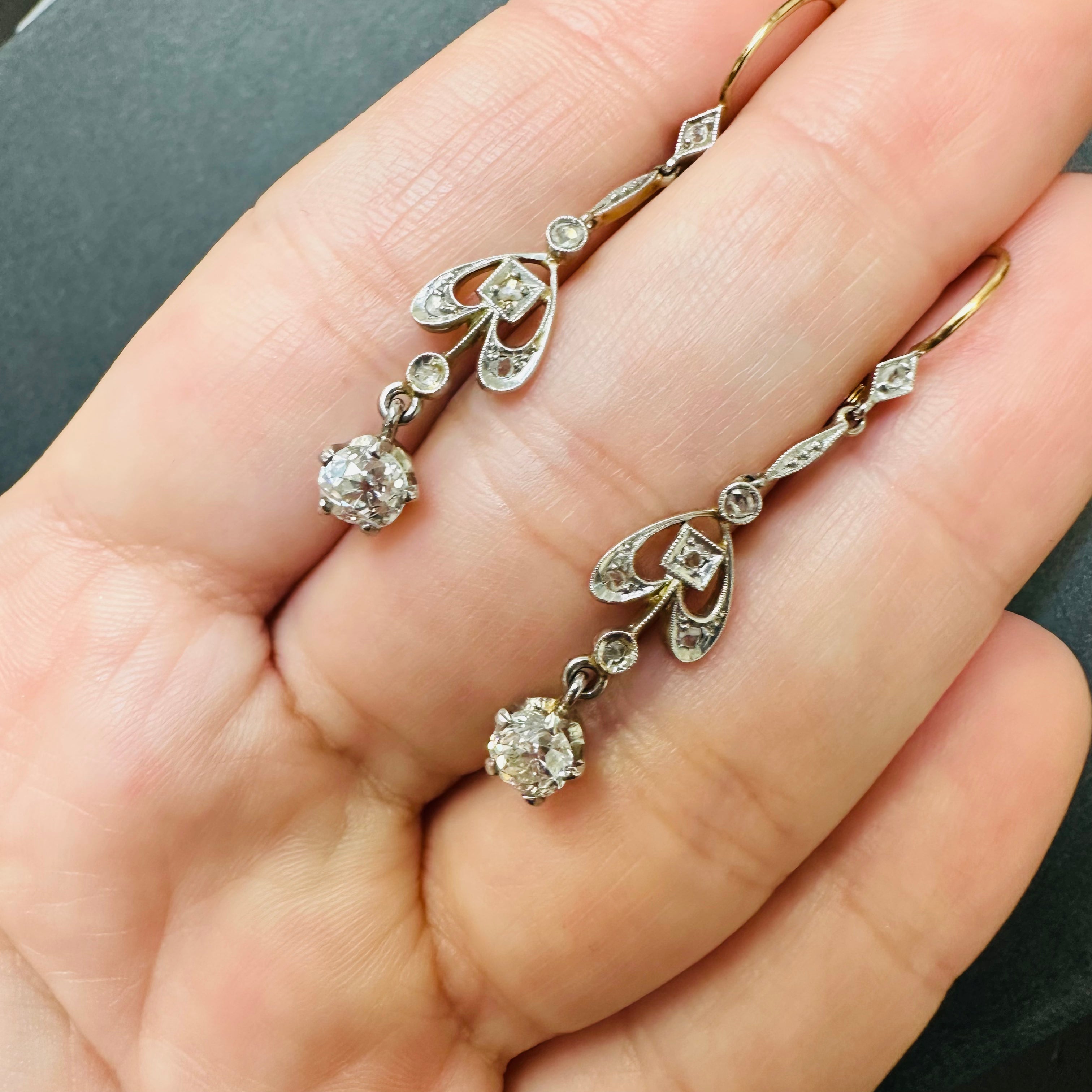 18K Yellow Gold & Platinum Vintage Diamond Drop Earrings