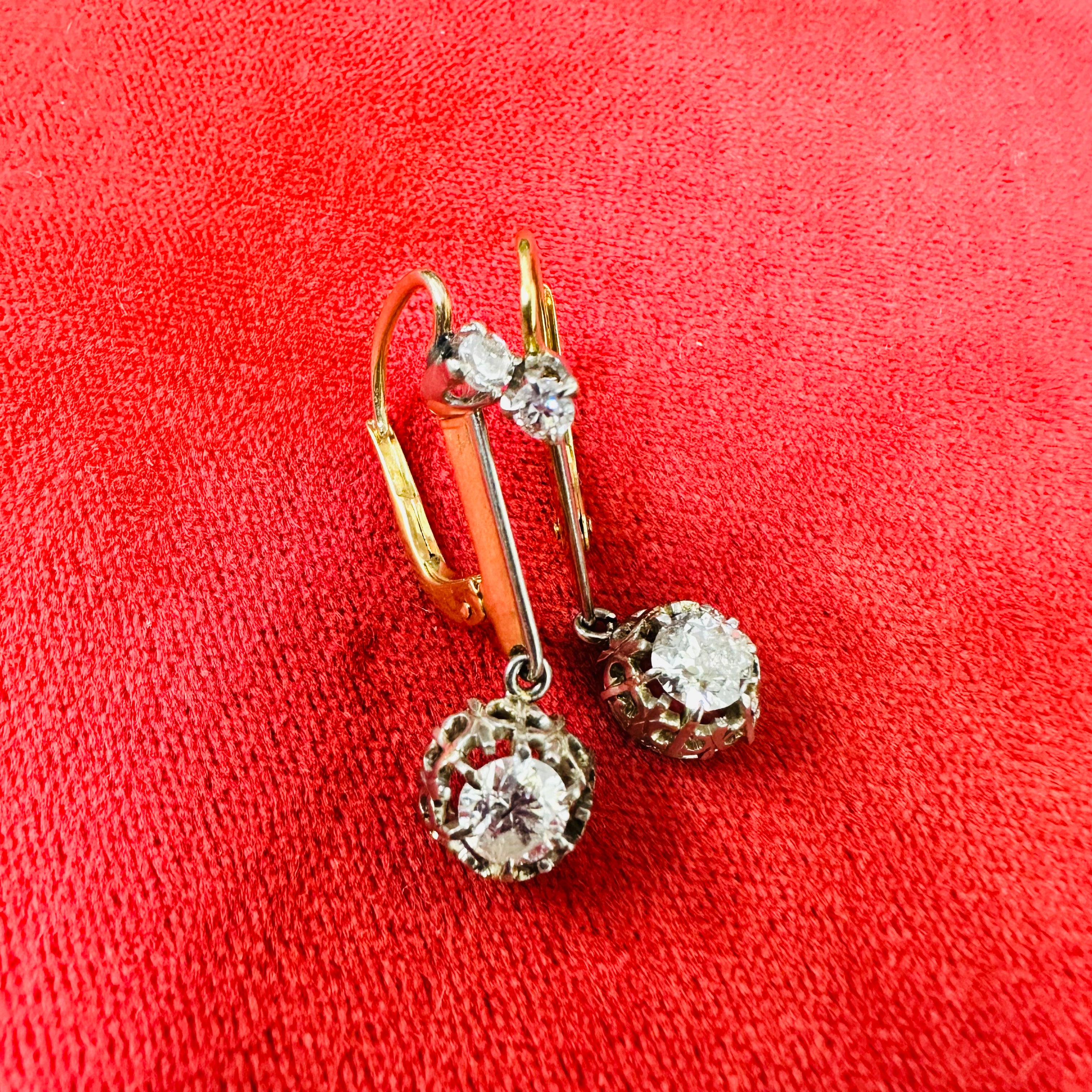 18K Platinum & Yellow Gold Vintage Diamond Drop Earrings