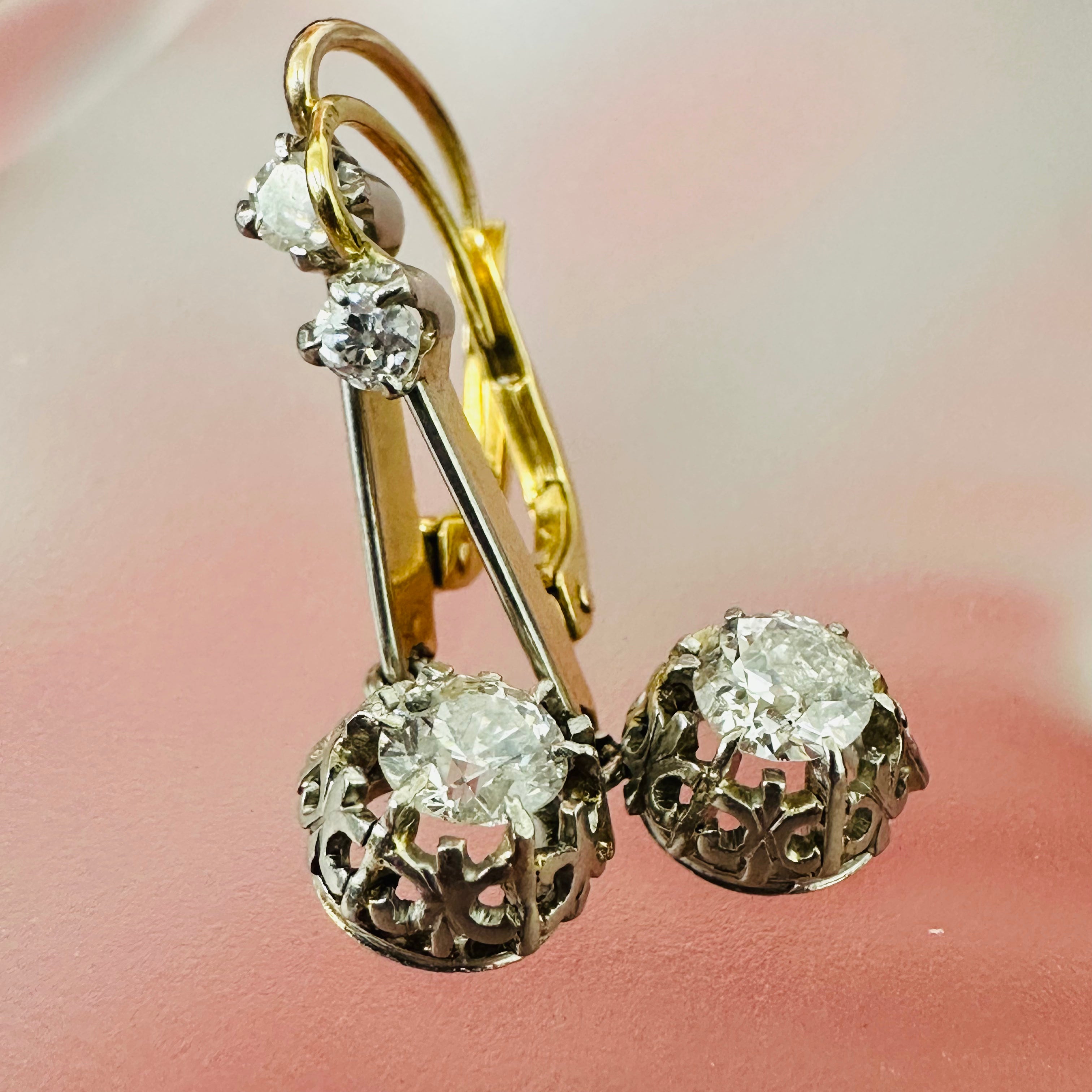 18K Platinum & Yellow Gold Vintage Diamond Drop Earrings