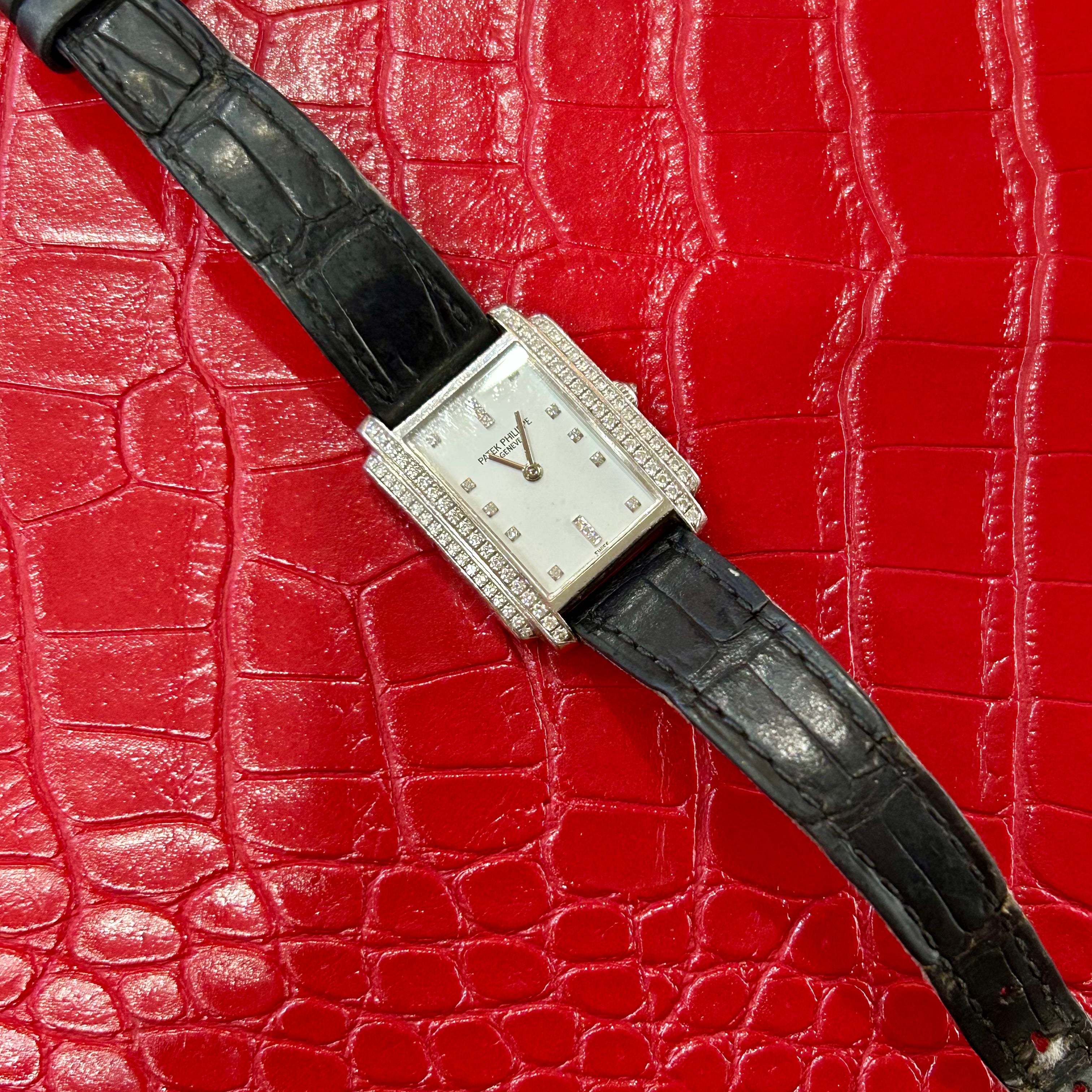 Patek Philippe Gondolo | Ref 4825/100G | Diamond Watch Black leather Strap
