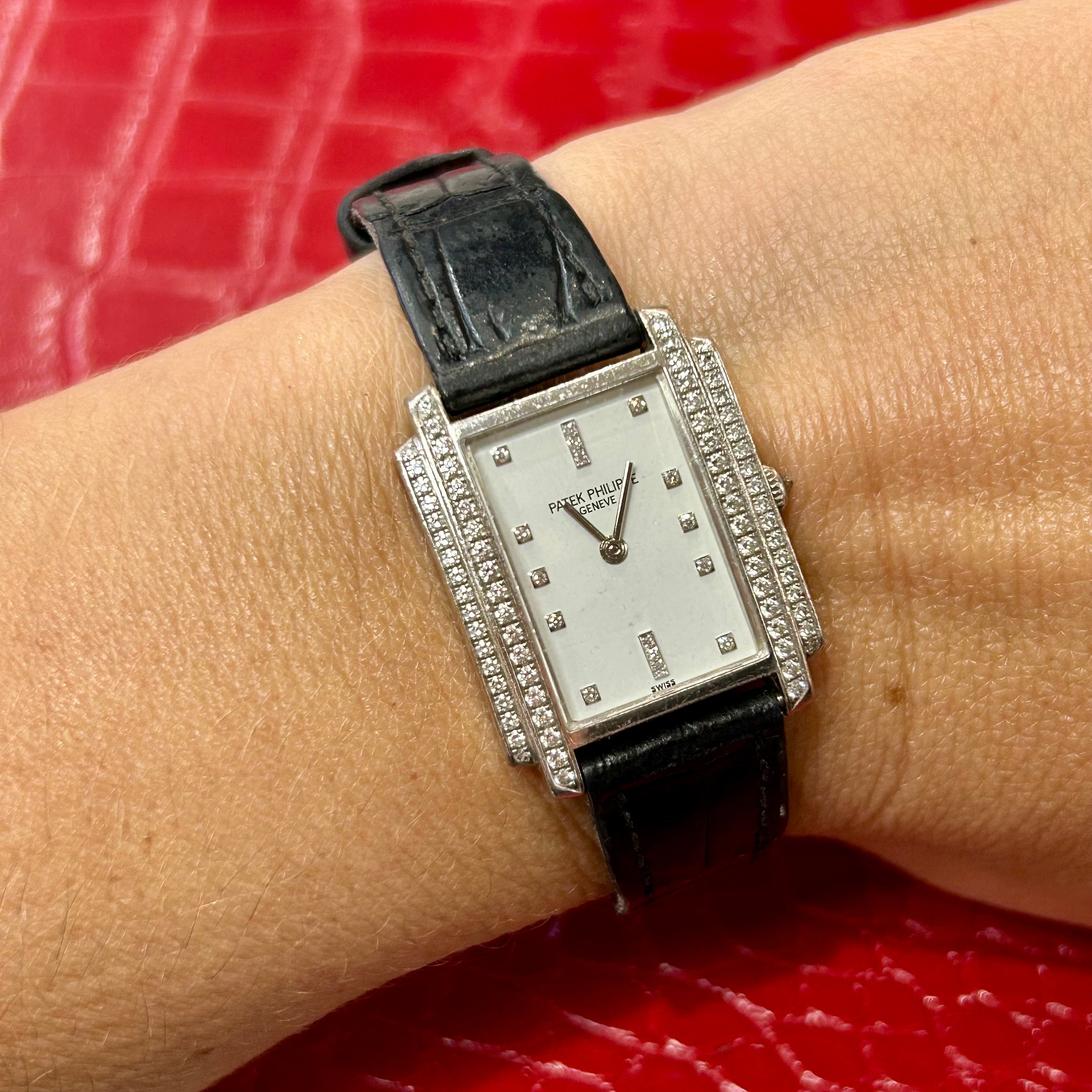 Patek Philippe Gondolo | Ref 4825/100G | Diamond Watch Black leather Strap
