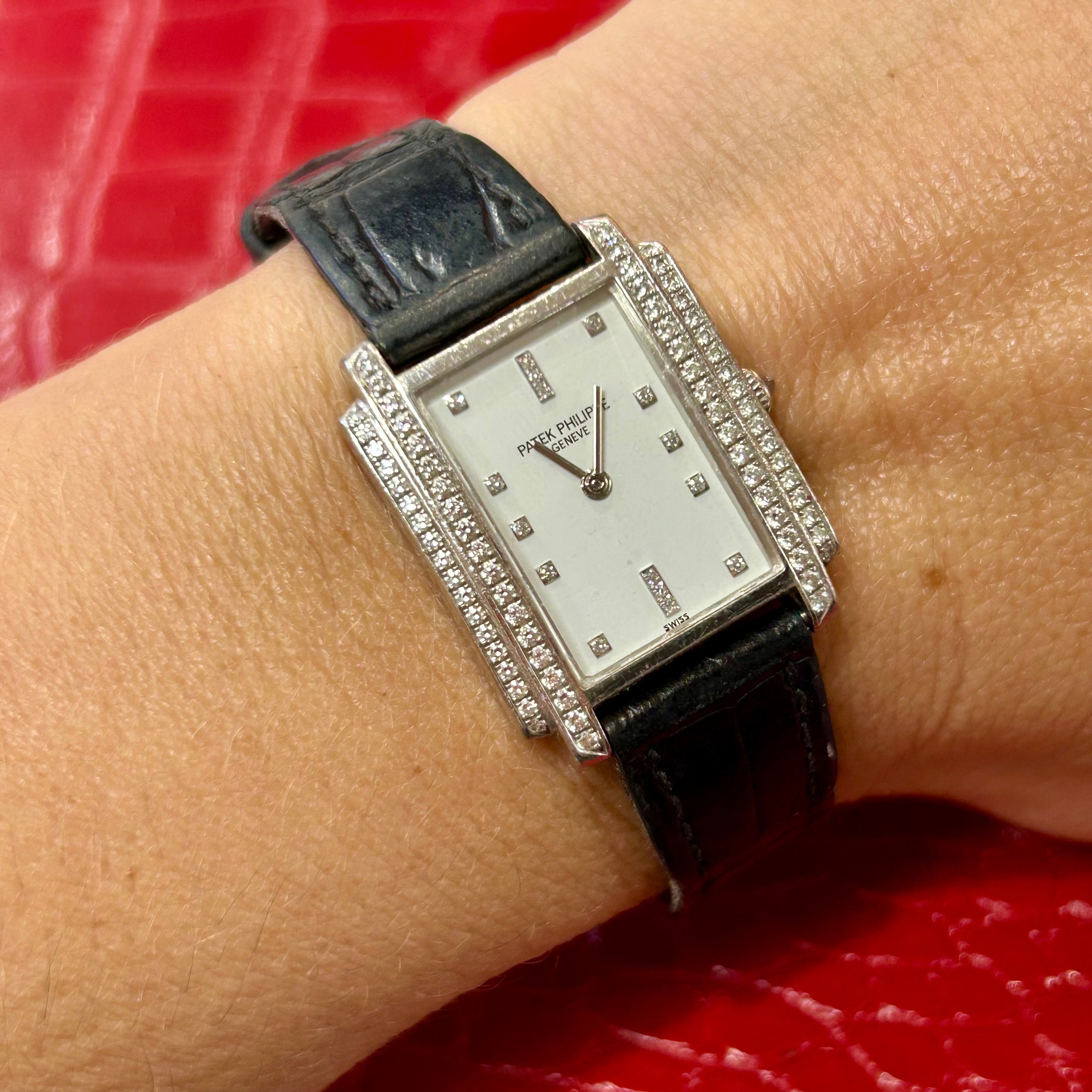 Patek Philippe Gondolo | Ref 4825/100G | Diamond Watch Black leather Strap