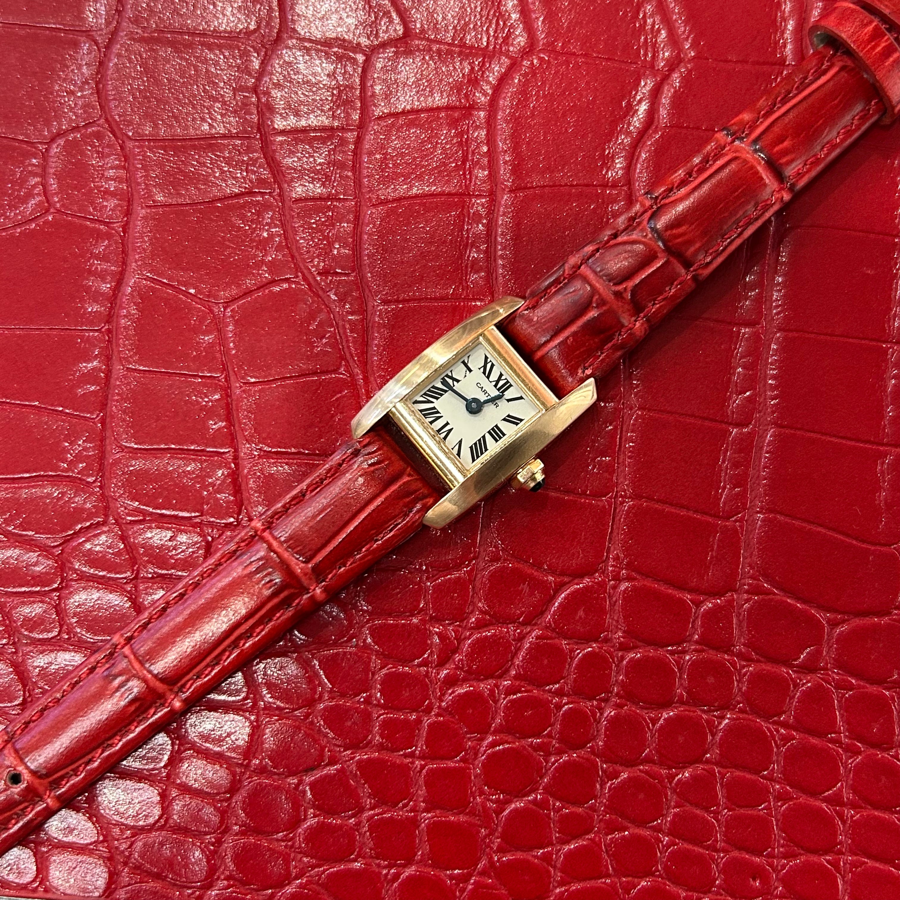 Cartier Tankissime | Ref 2829 | 16.4mm | White Roman dial | 18k Rose Gold on Custom leather red strap