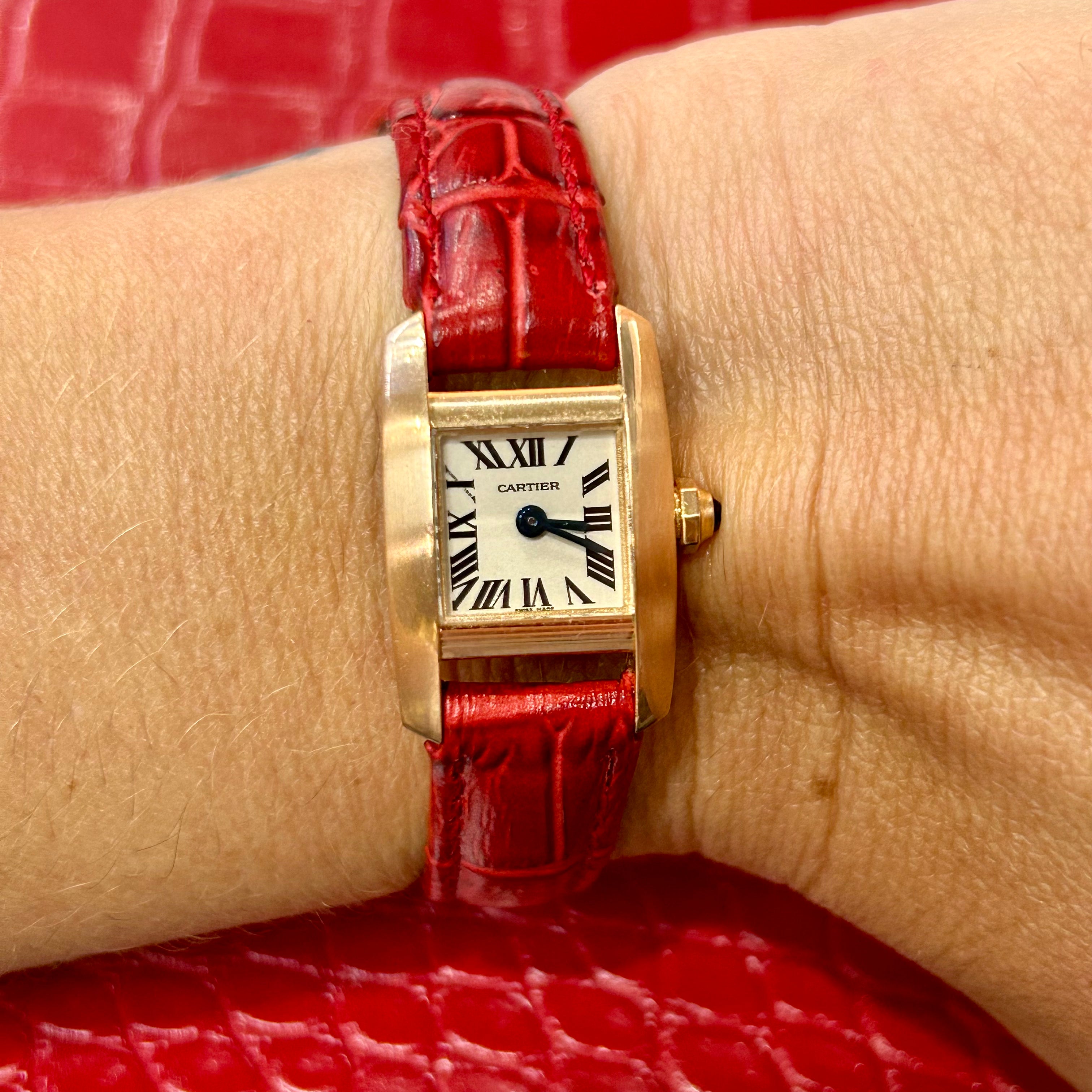 Cartier Tankissime | Ref 2829 | 16.4mm | White Roman dial | 18k Rose Gold on Custom leather red strap