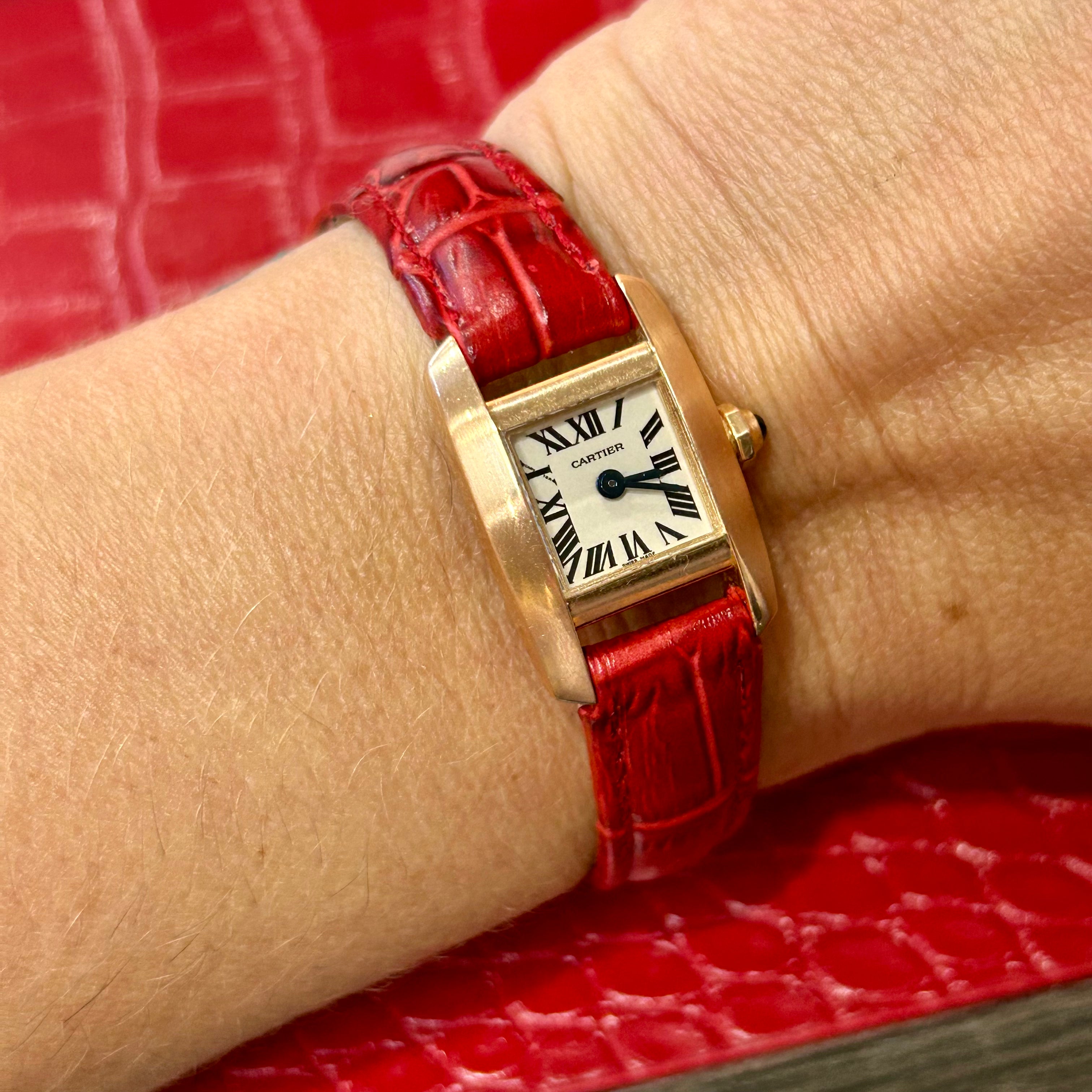 Cartier Tankissime | Ref 2829 | 16.4mm | White Roman dial | 18k Rose Gold on Custom leather red strap
