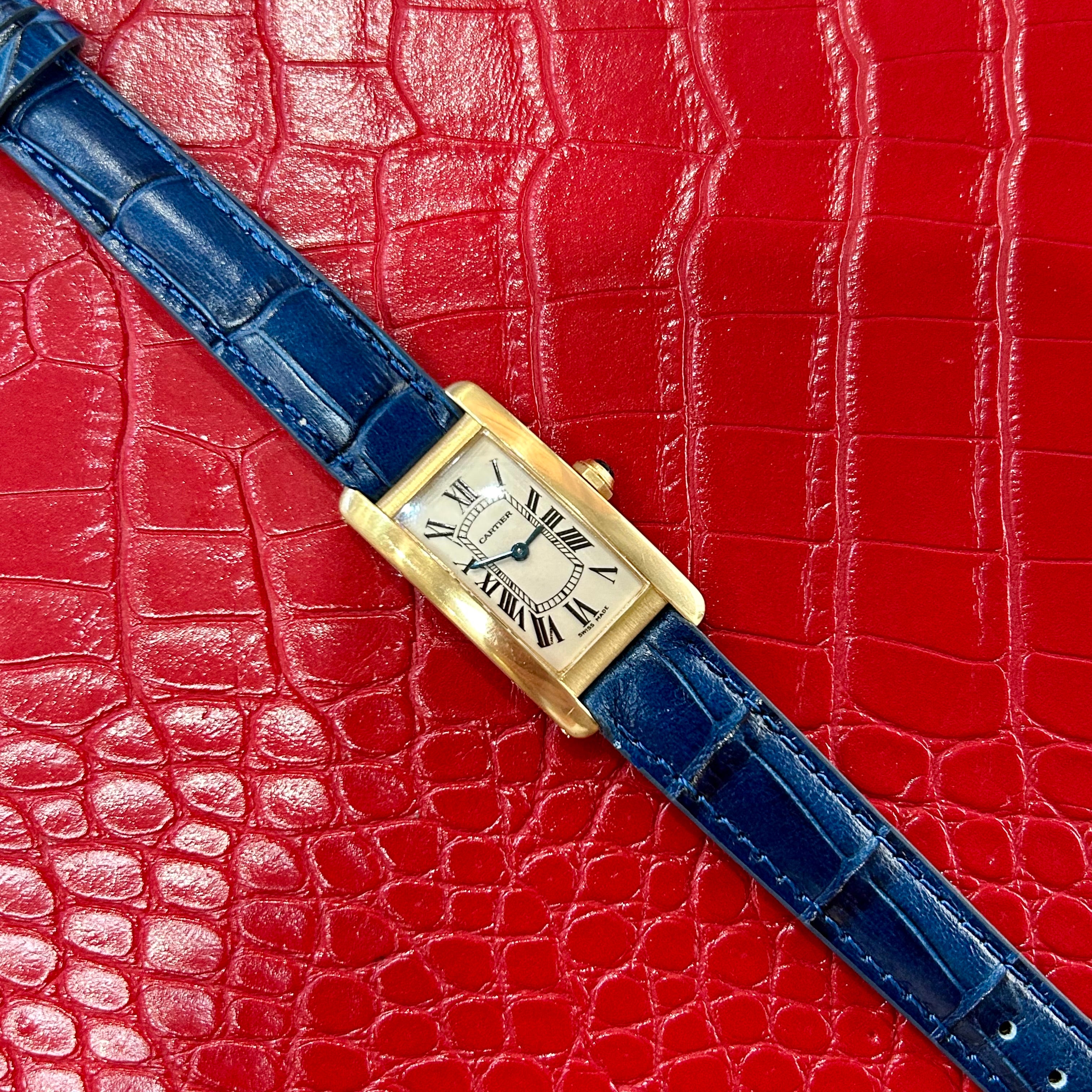 Cartier Americaine | Ref 1710 | 19mm | White Roman dial | 18k Yellow Gold on Custom leather blue strap