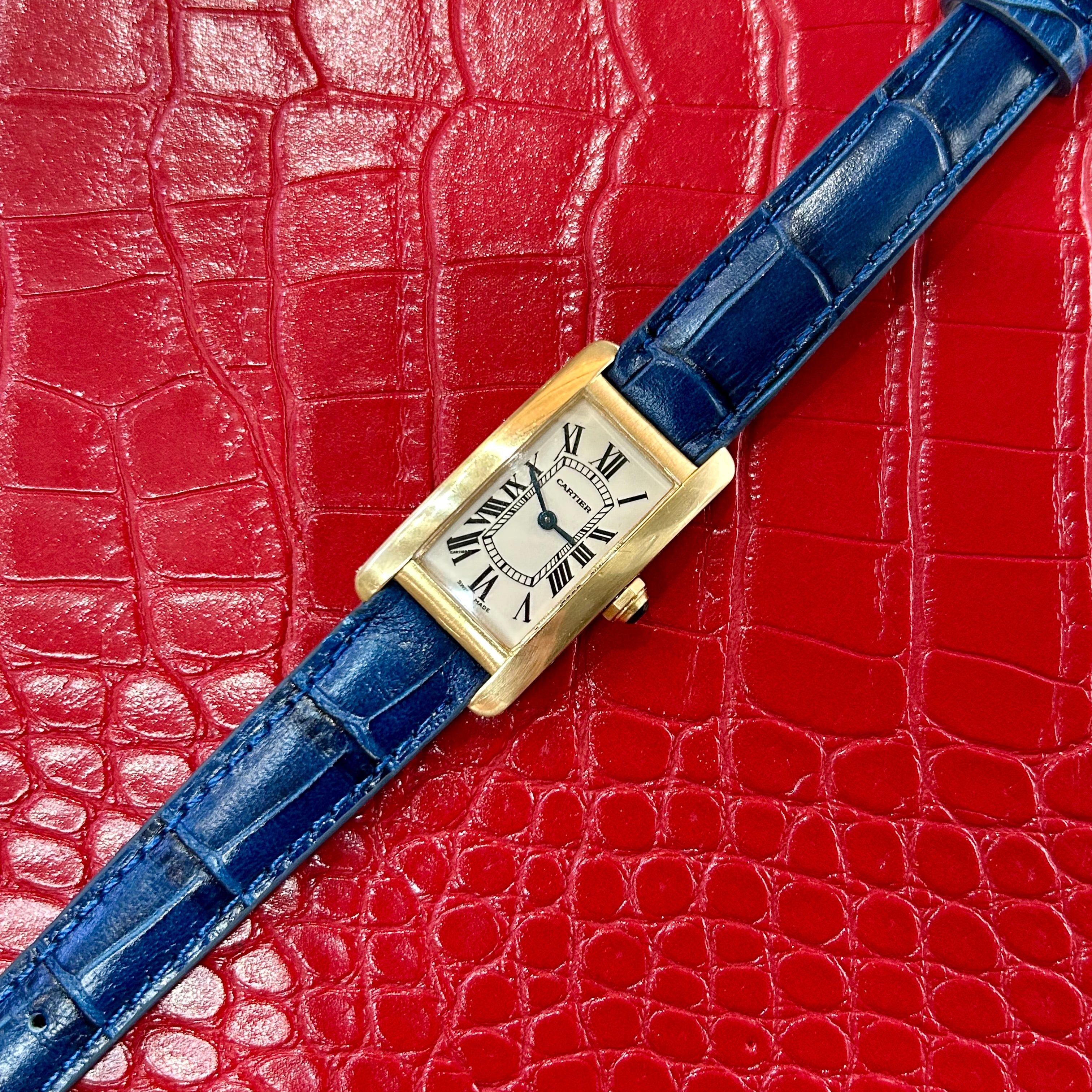 Cartier Americaine | Ref 1710 | 19mm | White Roman dial | 18k Yellow Gold on Custom leather blue strap