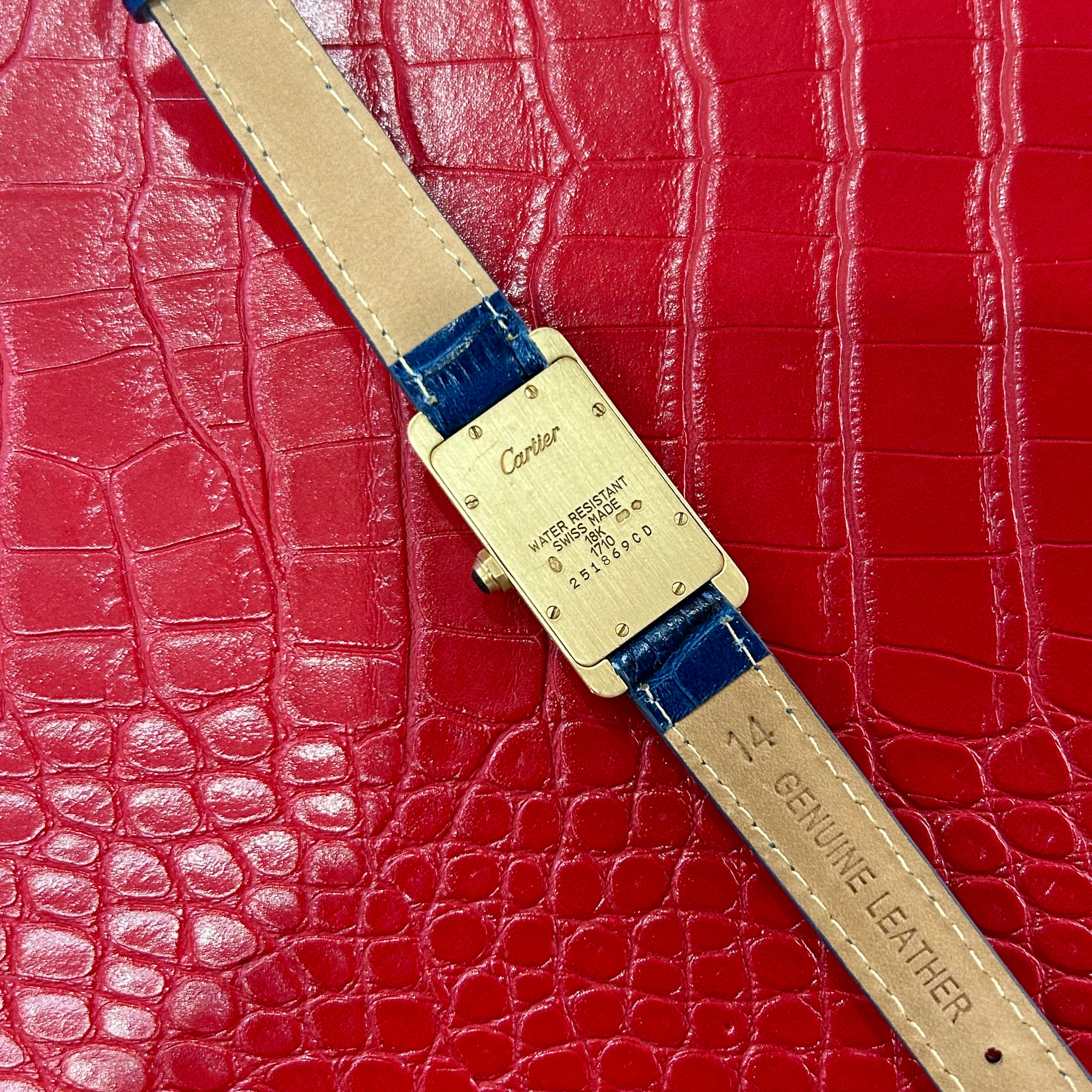 Cartier Americaine | Ref 1710 | 19mm | White Roman dial | 18k Yellow Gold on Custom leather blue strap