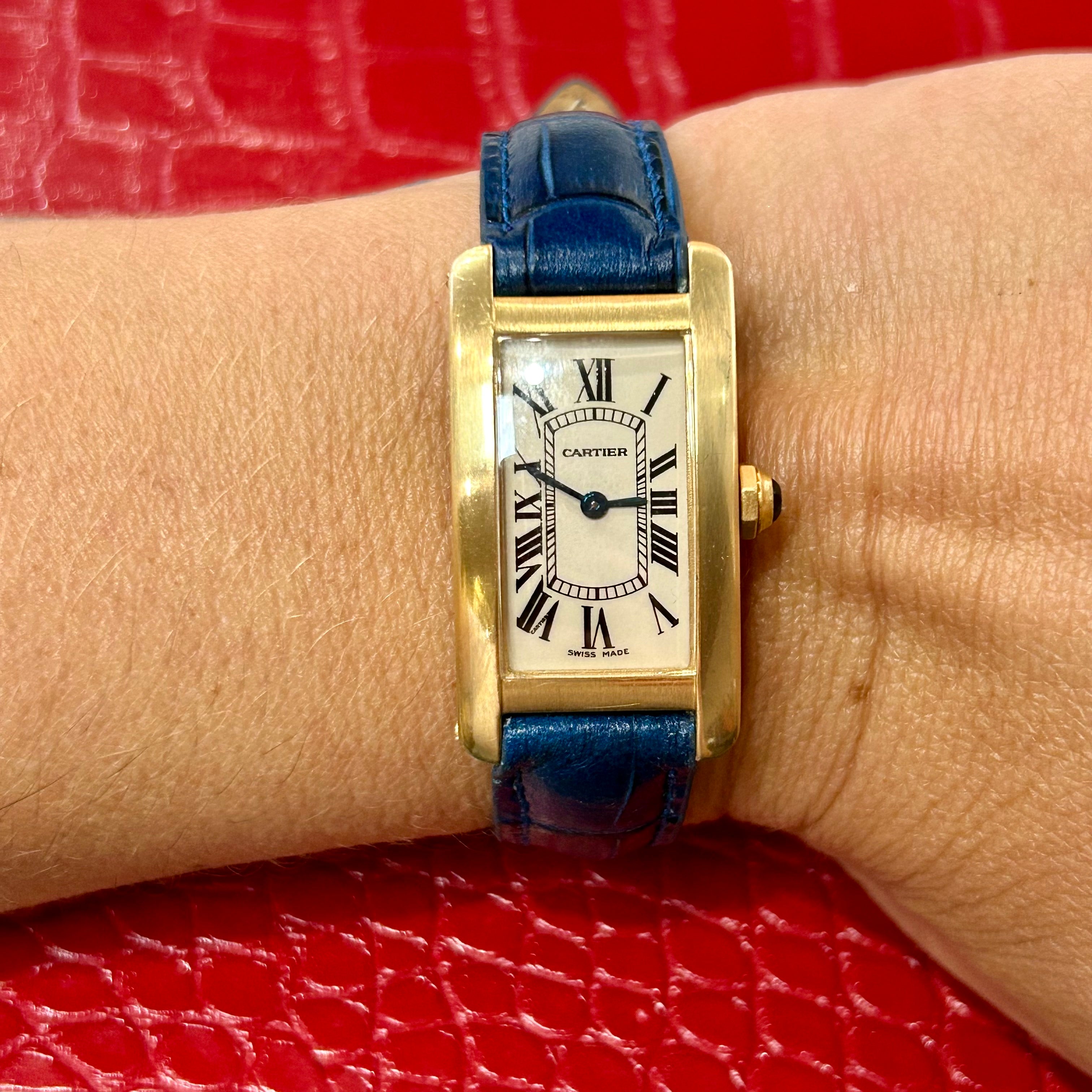 Cartier Americaine | Ref 1710 | 19mm | White Roman dial | 18k Yellow Gold on Custom leather blue strap