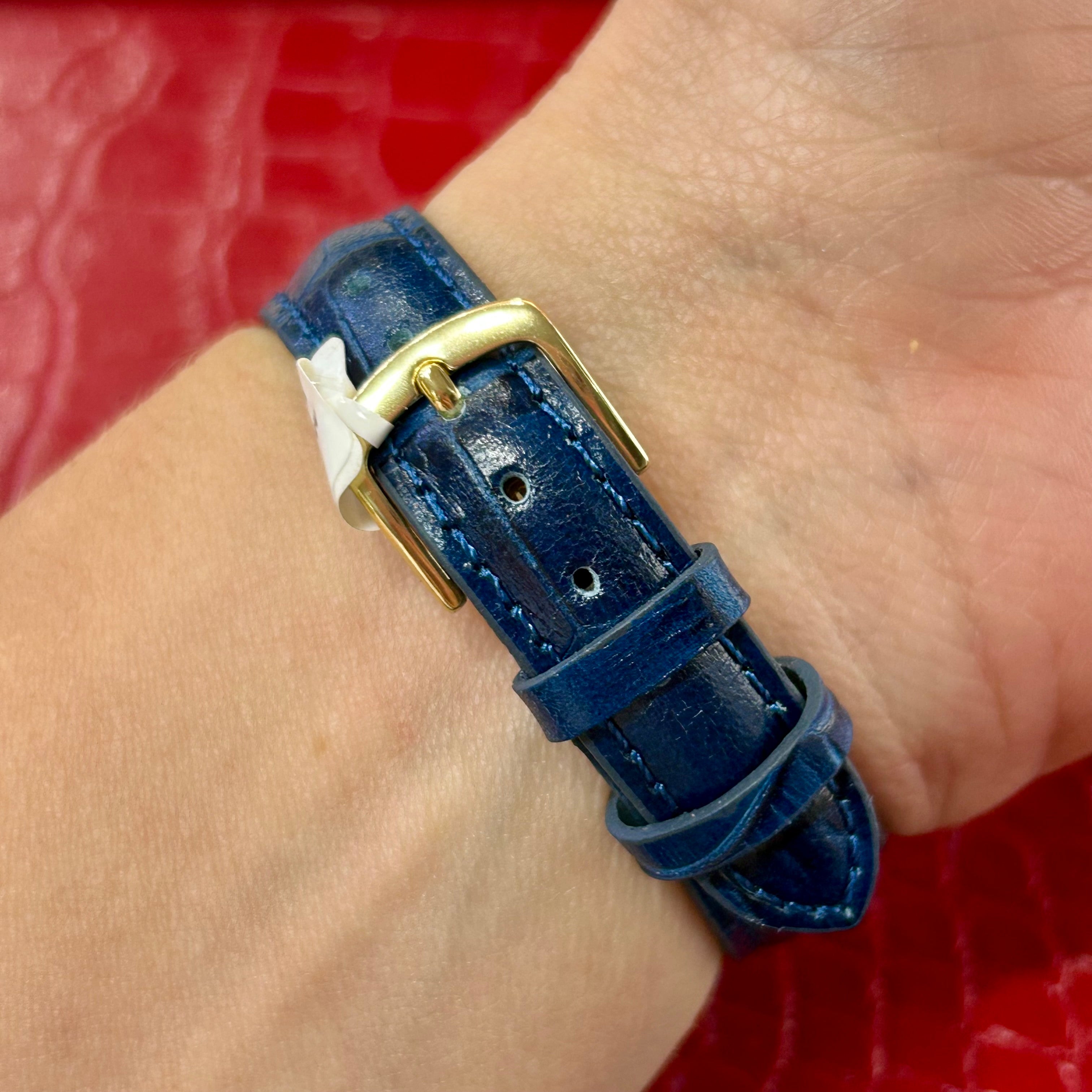 Cartier Americaine | Ref 1710 | 19mm | White Roman dial | 18k Yellow Gold on Custom leather blue strap