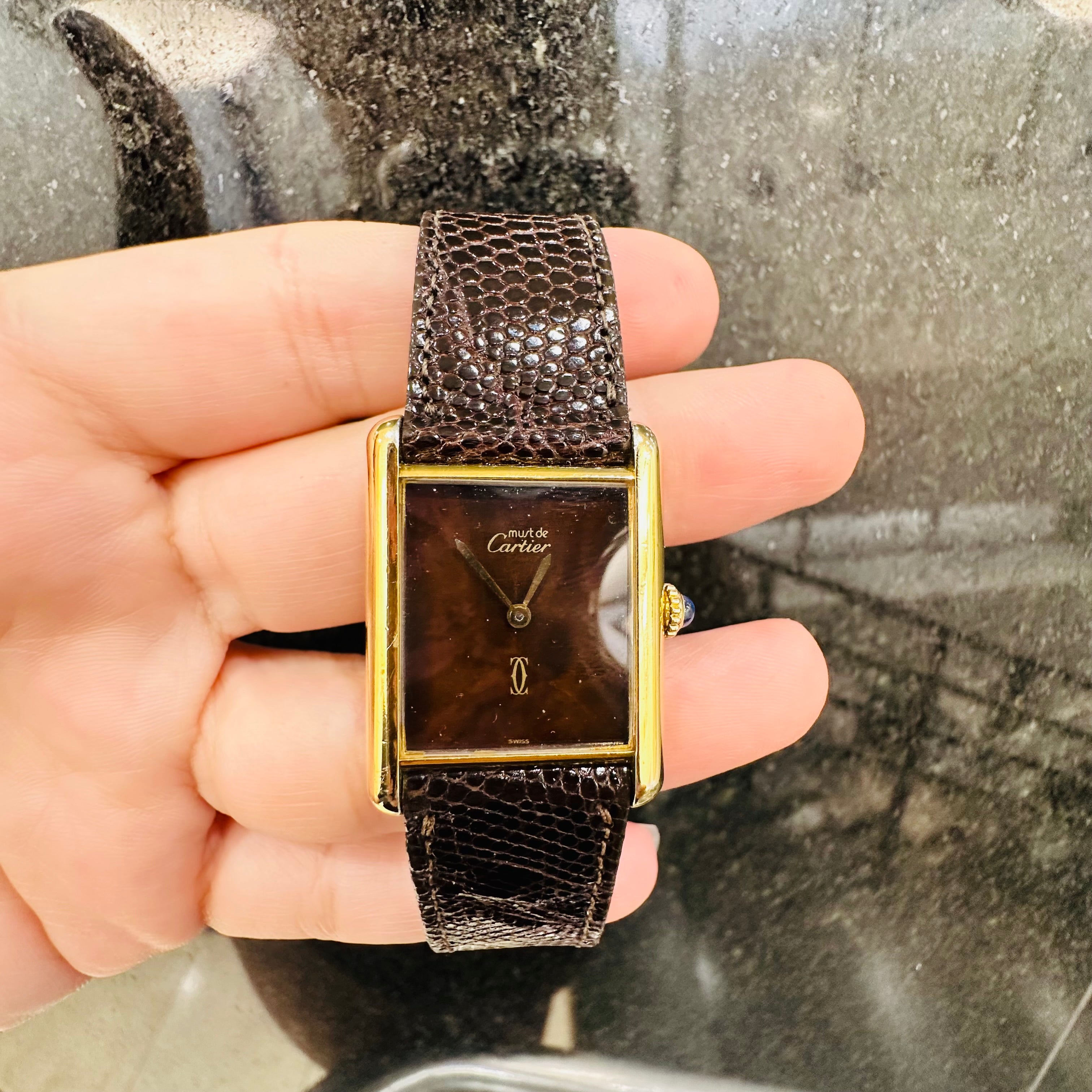 Must de Cartier Burgundy Wine Face and Strap Tank Watch 23mm