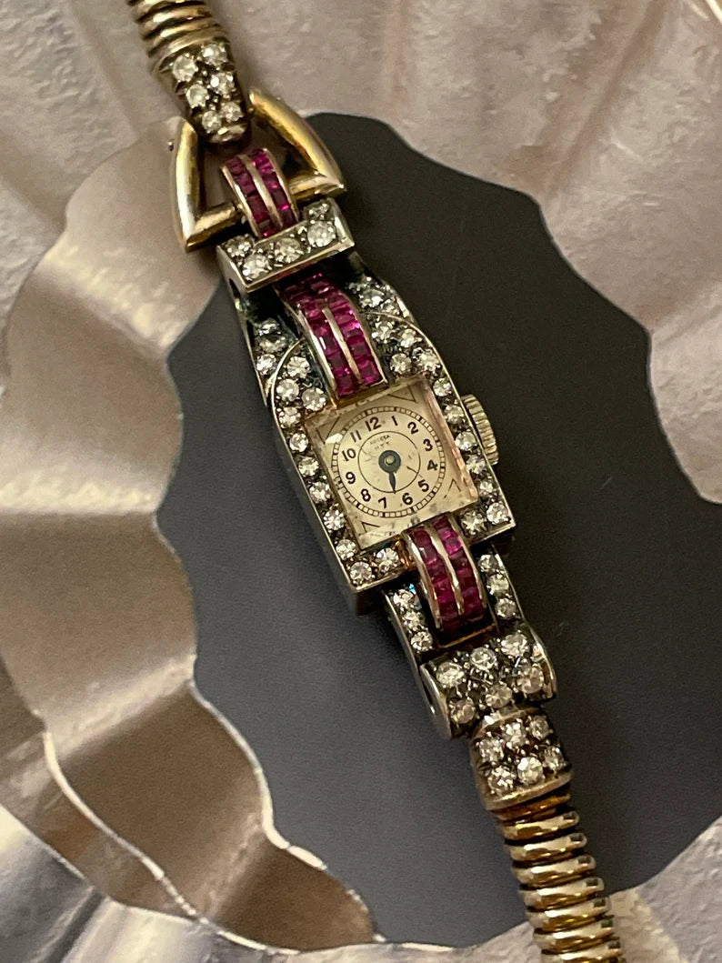 Amazing Retro Diamond and Ruby 10K Rose Gold Watch with Snake Chain Bracelet