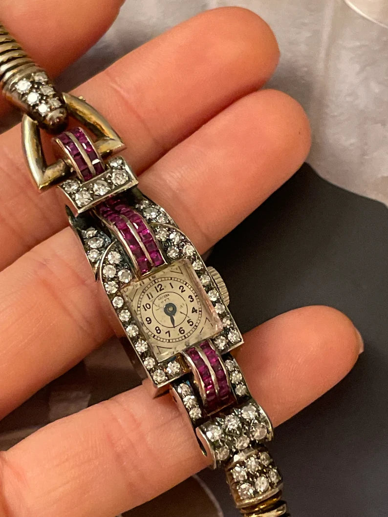 Amazing Retro Diamond and Ruby 10K Rose Gold Watch with Snake Chain Bracelet