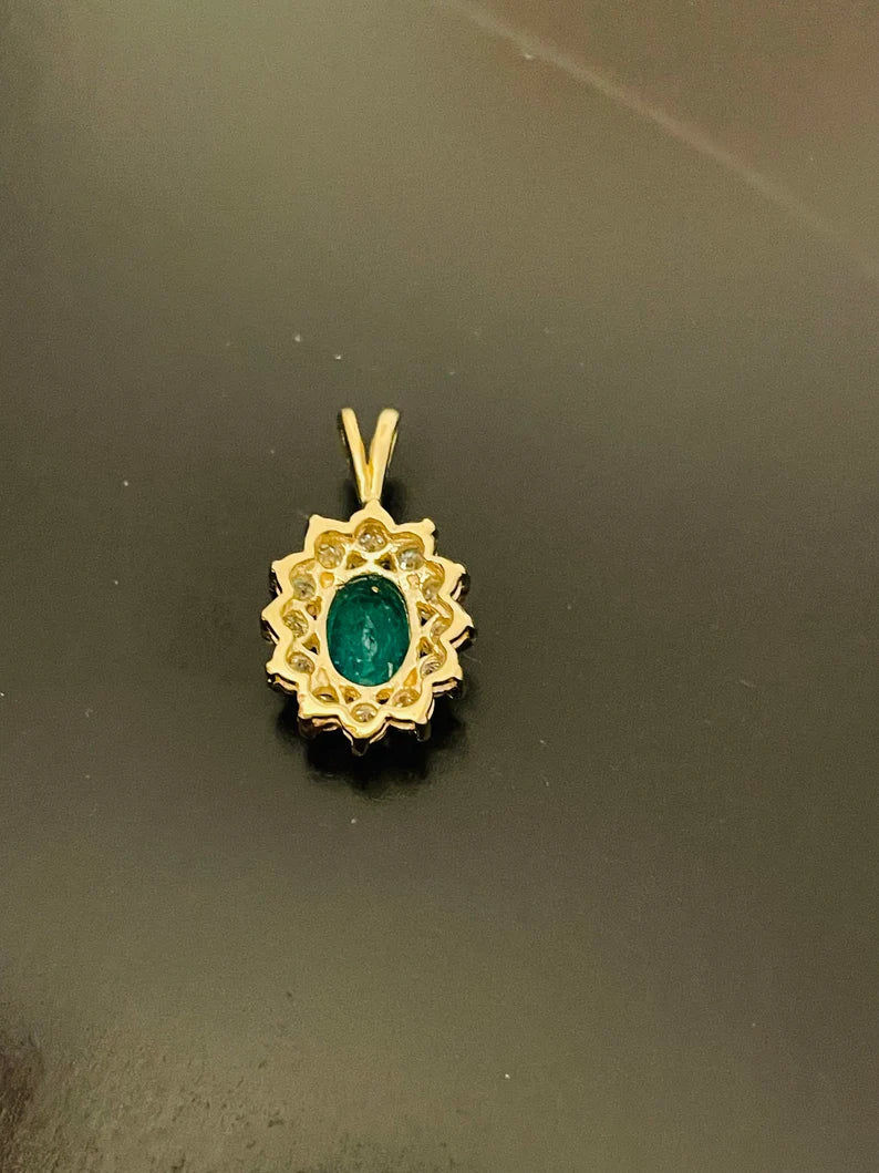 Natural Emerald and Diamond Halo 14K Yellow Gold Pendant