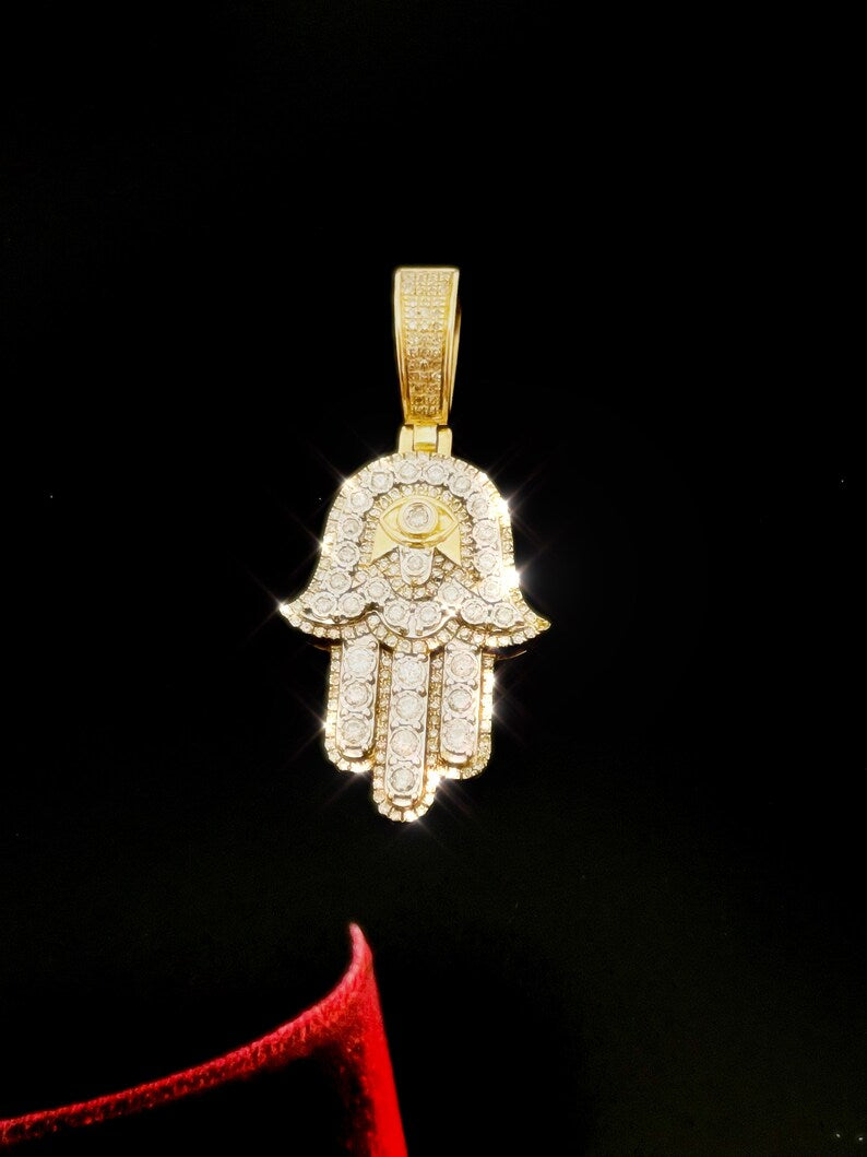 Natural Diamond and Solid 10K Yellow Gold Hamsa Hand Pendant for Necklace 1.5"