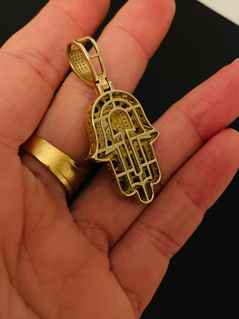 Natural Diamond and Solid 10K Yellow Gold Hamsa Hand Pendant for Necklace 1.5"