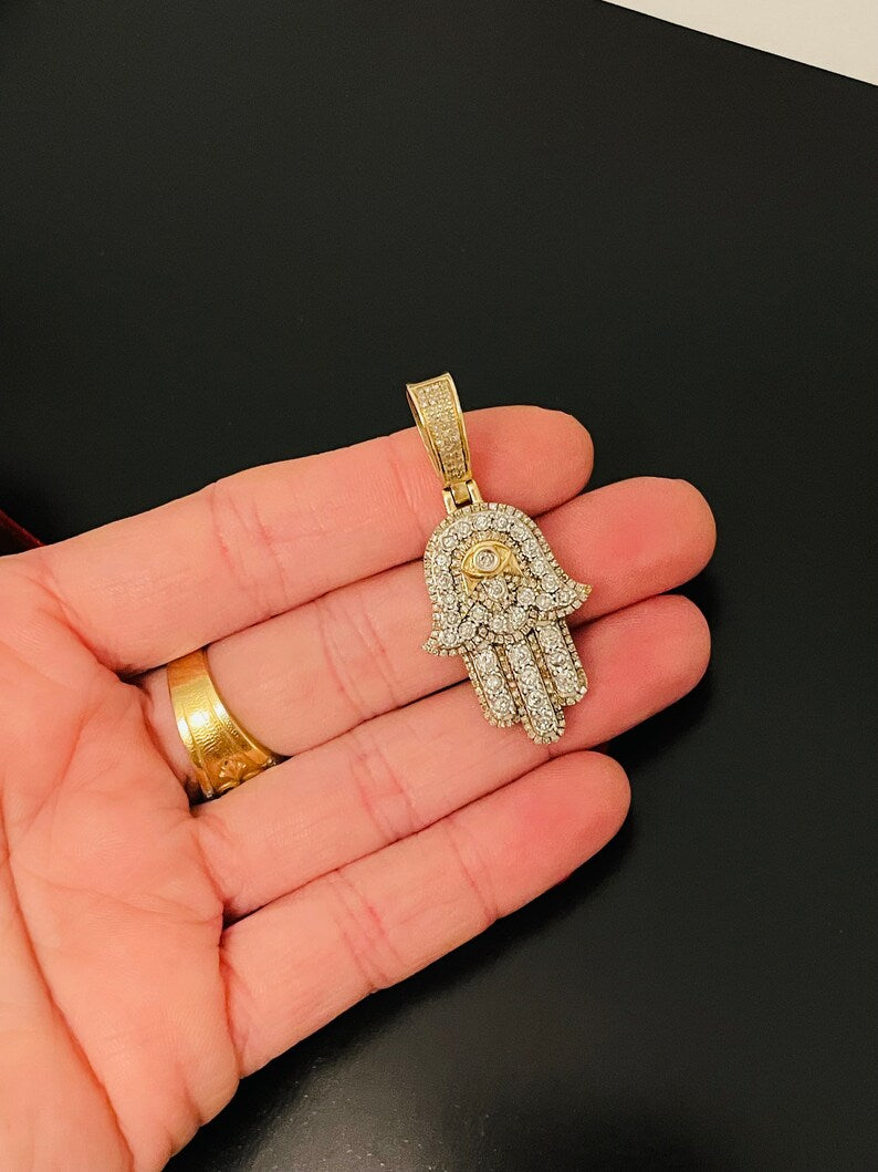 Natural Diamond and Solid 10K Yellow Gold Hamsa Hand Pendant for Necklace 1.5"