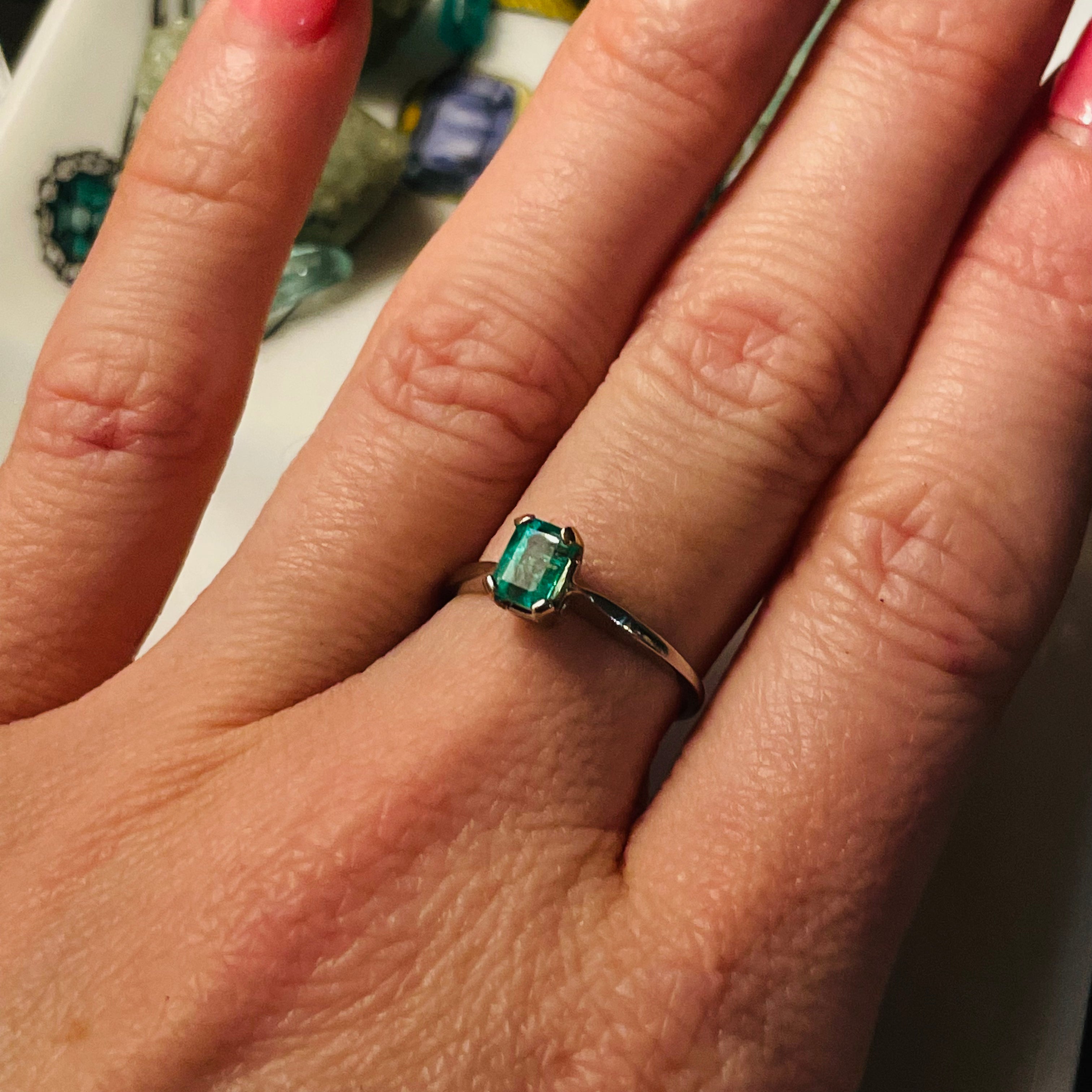 Solitaire Colombian Emerald 14K White Gold Ring Size 6