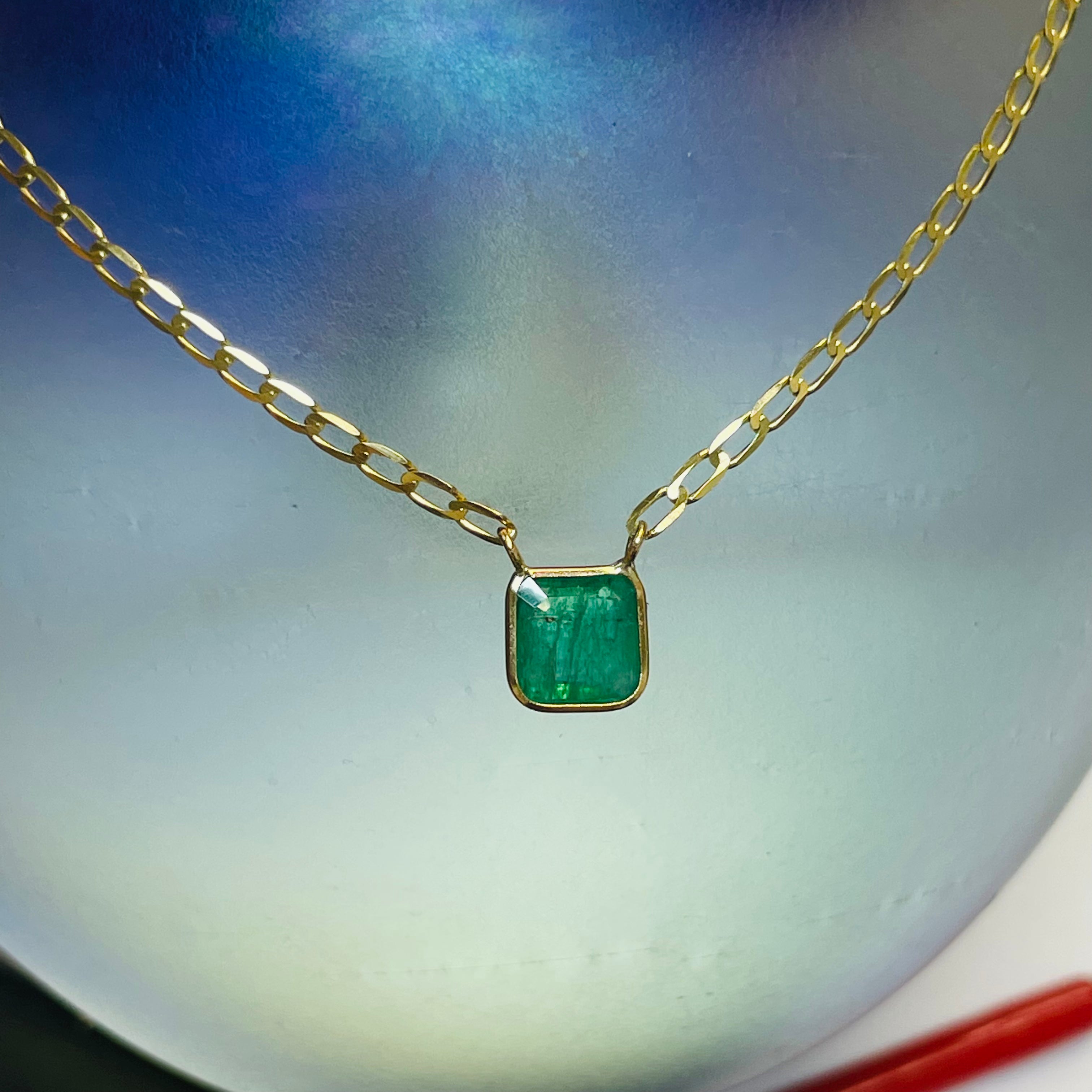 Solitaire Emerald 14K Yellow Gold Curb Chain Necklace